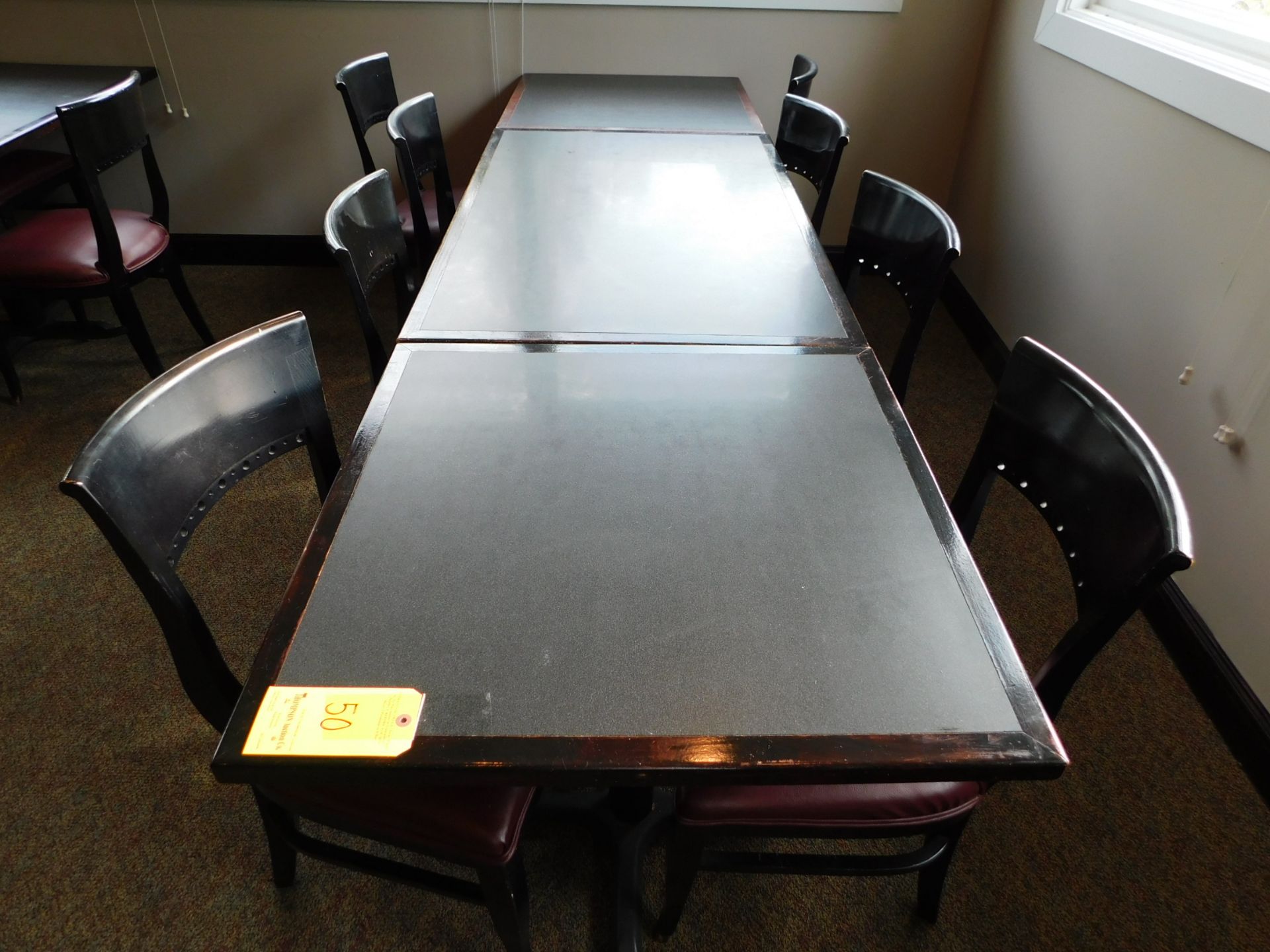 1 Wood Table 4' L x 30"W, 2 Wood Tables 30"L x 30"W, with 7 Chairs