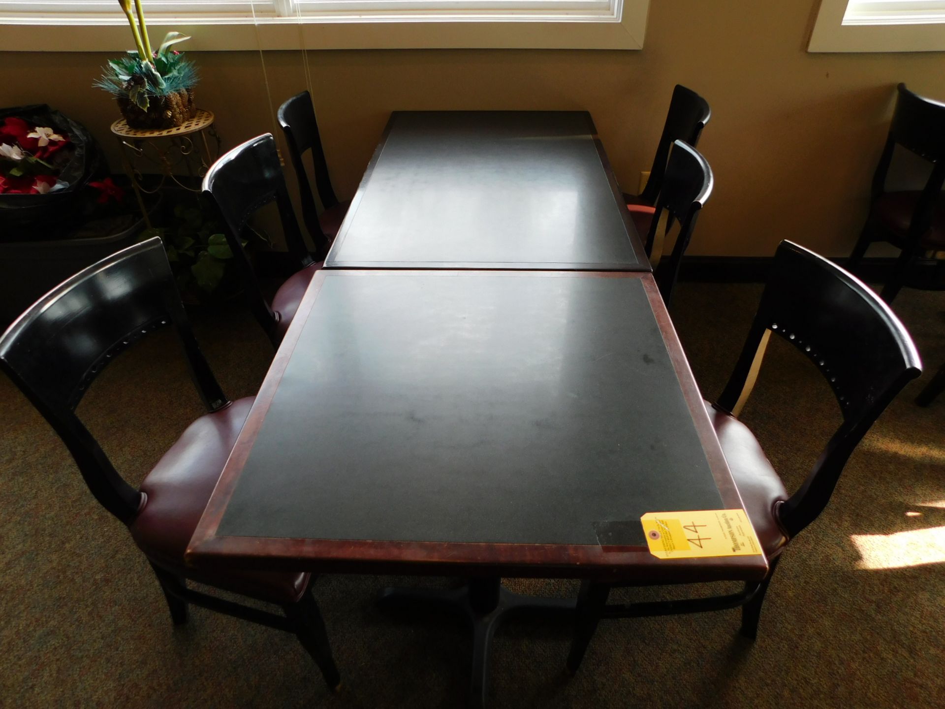 1 Wood Table 4' L x 30"W, 1 Wood Table 30"L x 30"W, with 6 Chairs