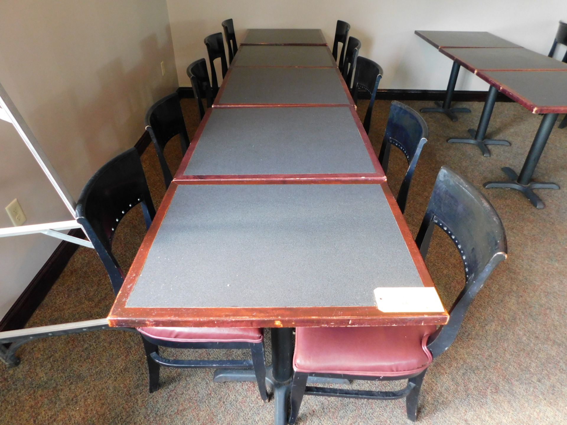 1 Wood Table 24"W x 30"L, 4 Wood Tables 30"L x 30"W, with 10 Chairs