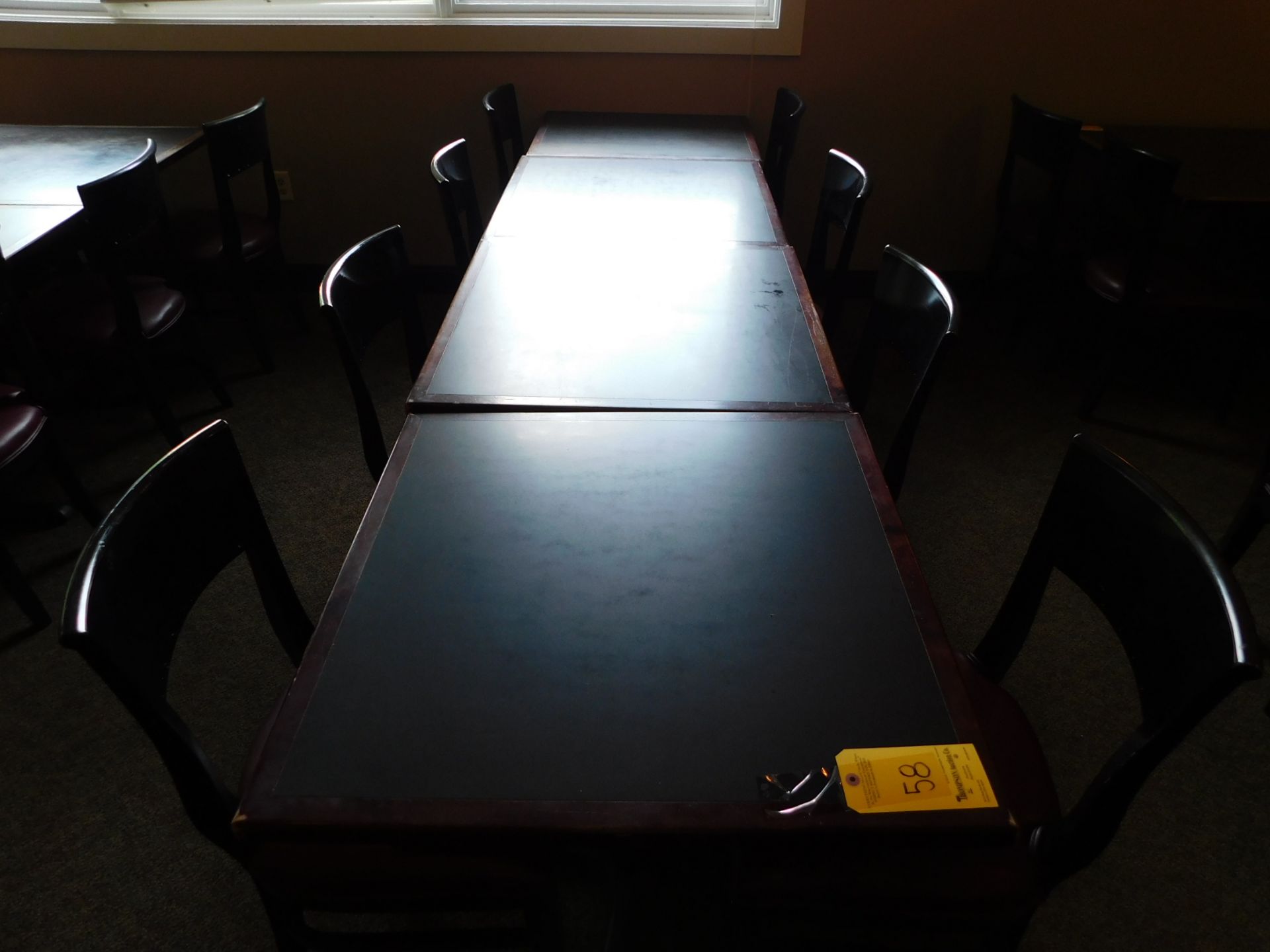 1 Wood Table 24 x 30", 3 Wood Tables 30"L x 30"W, with 8 Chairs