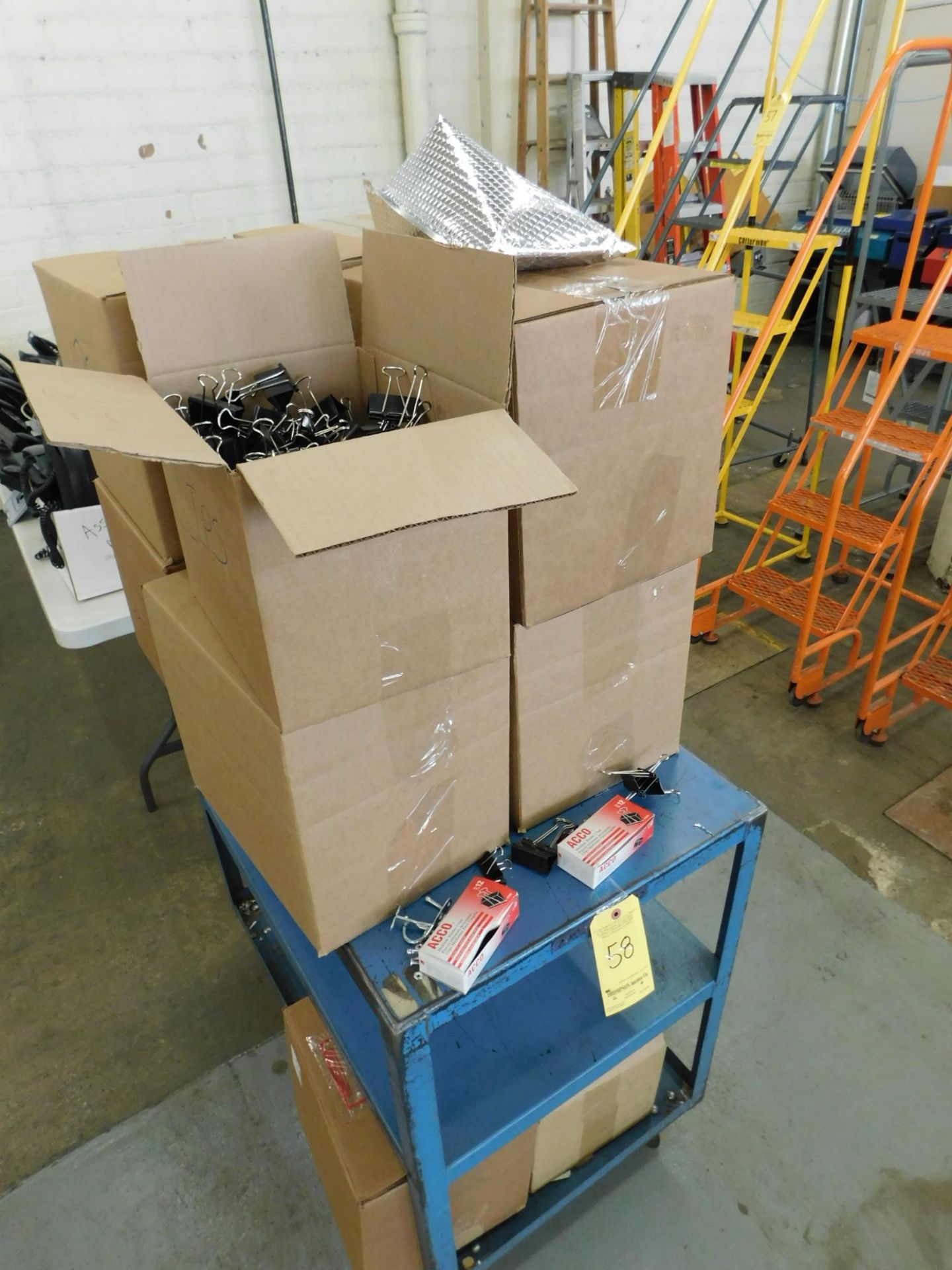 Boxes of Binder Clips and Metal Cart