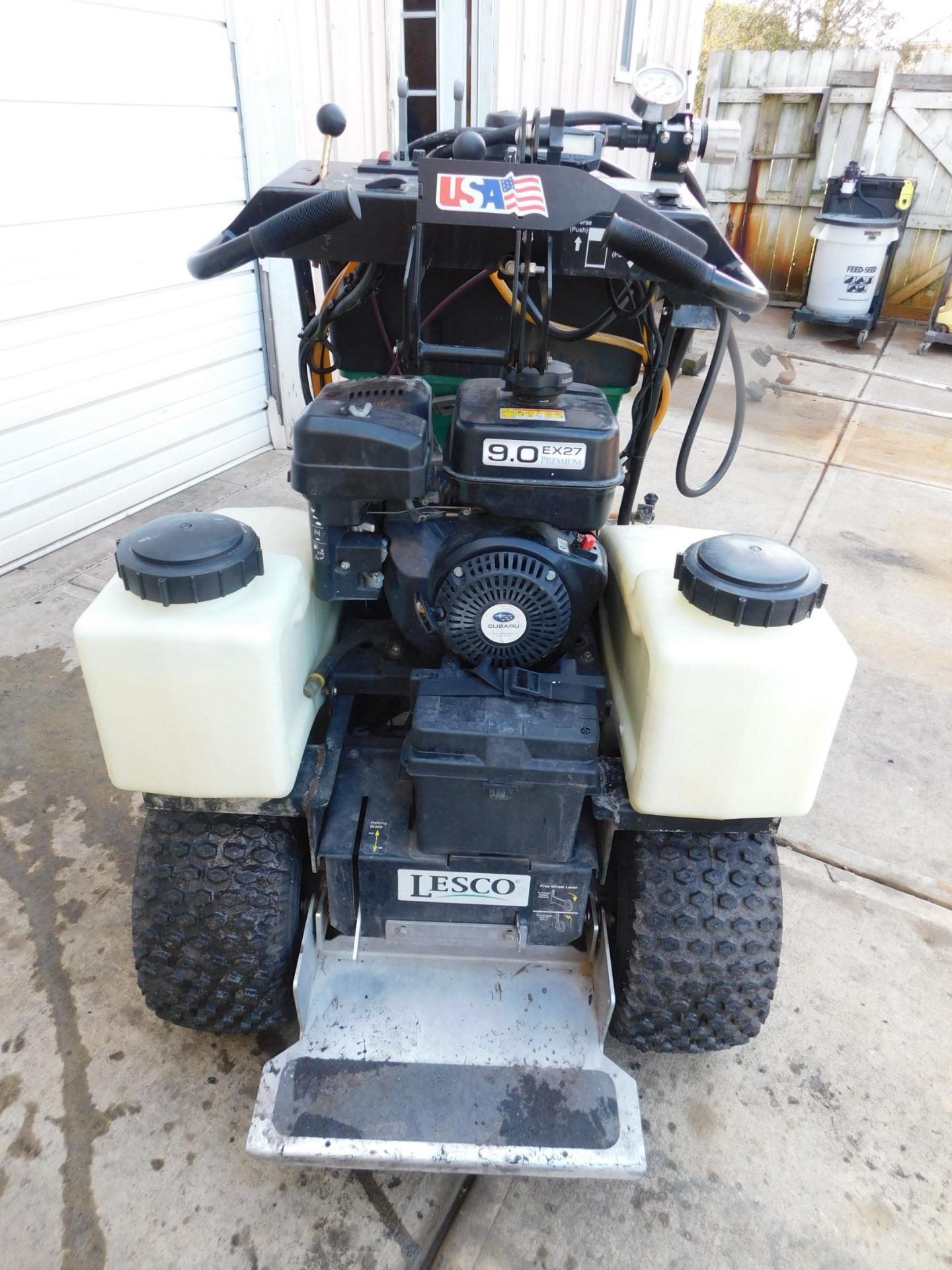 Lesco Gas Powered Stand on Sprayer/Spreader w/Subaru 9hp gas Engine - Image 2 of 9