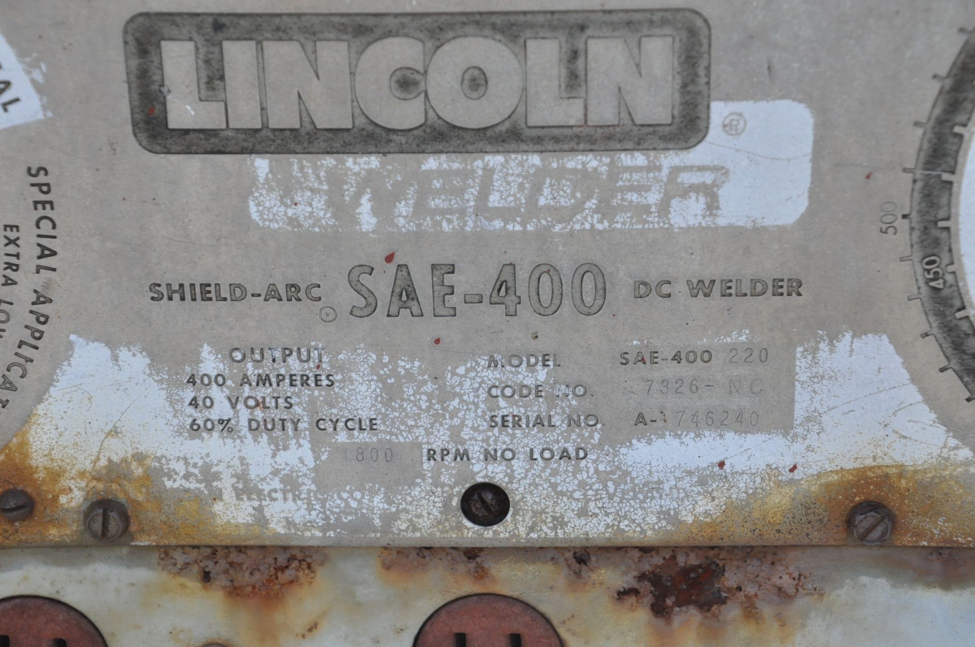 Lincoln Model SAE-400, 400-Amp Capacity DC Arc Welder Power Source, S/n A746240, Diesel Engine - Image 4 of 4