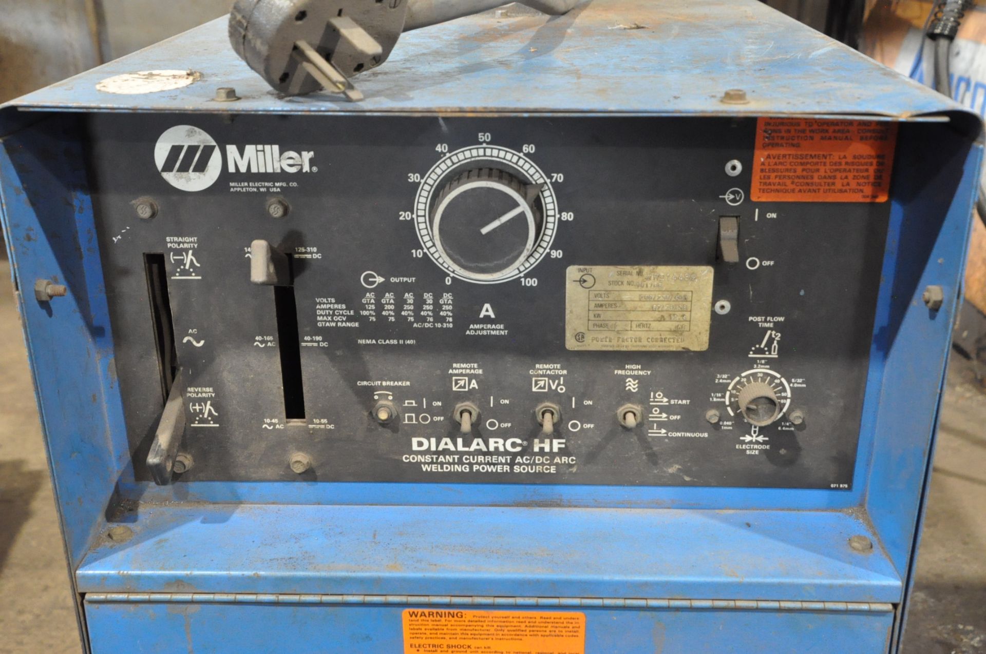 Miller Dialarc HF, 250-Amp Capacity CC AC/DC Arc Welding Power Source, S/n JH214489, (Leads Not - Image 2 of 3