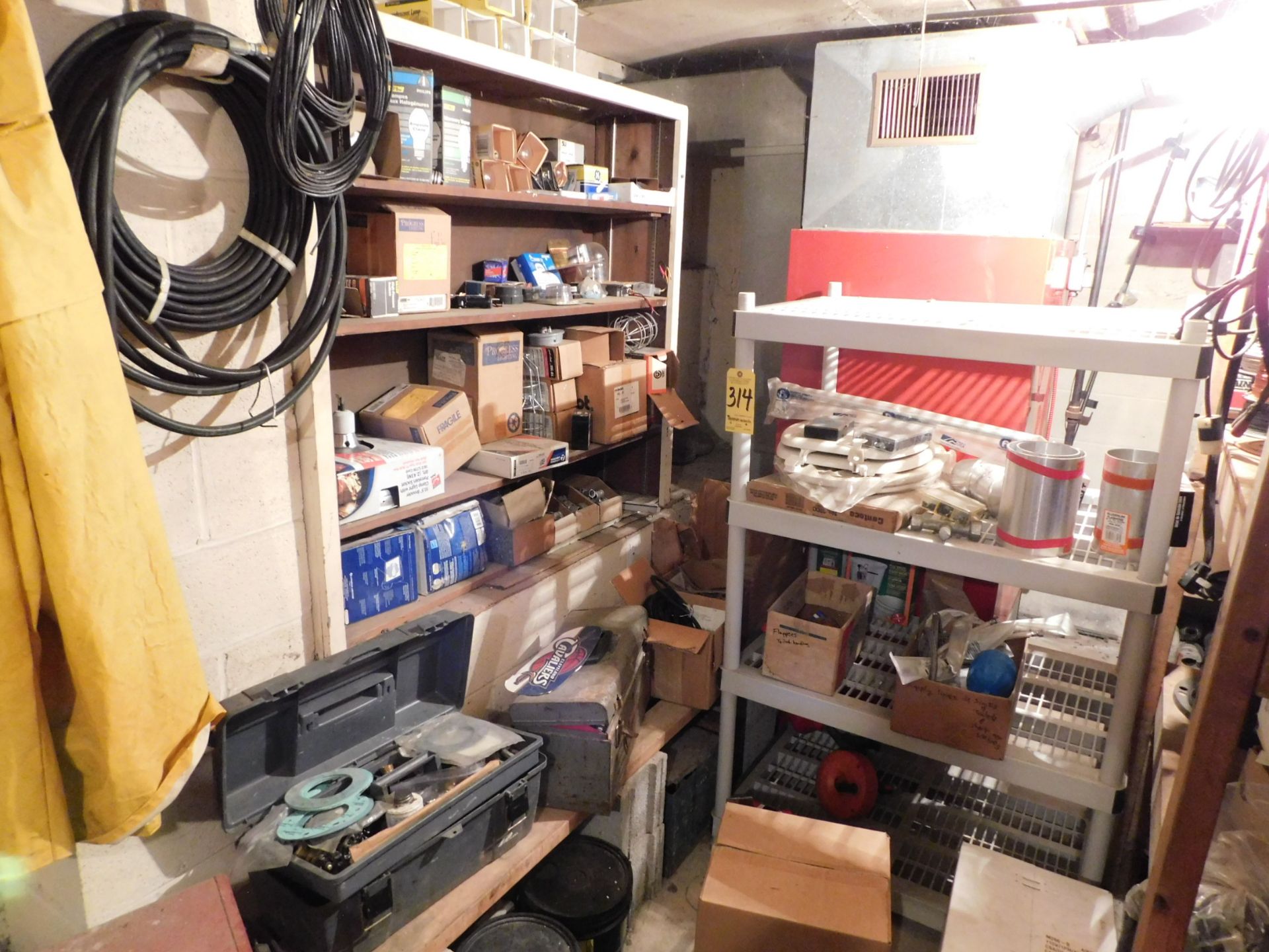 Contents of Wood Shelving and Plastic Shelving, Light Bulbs, Tool Boxes, Plumbing Hardware, Etc.