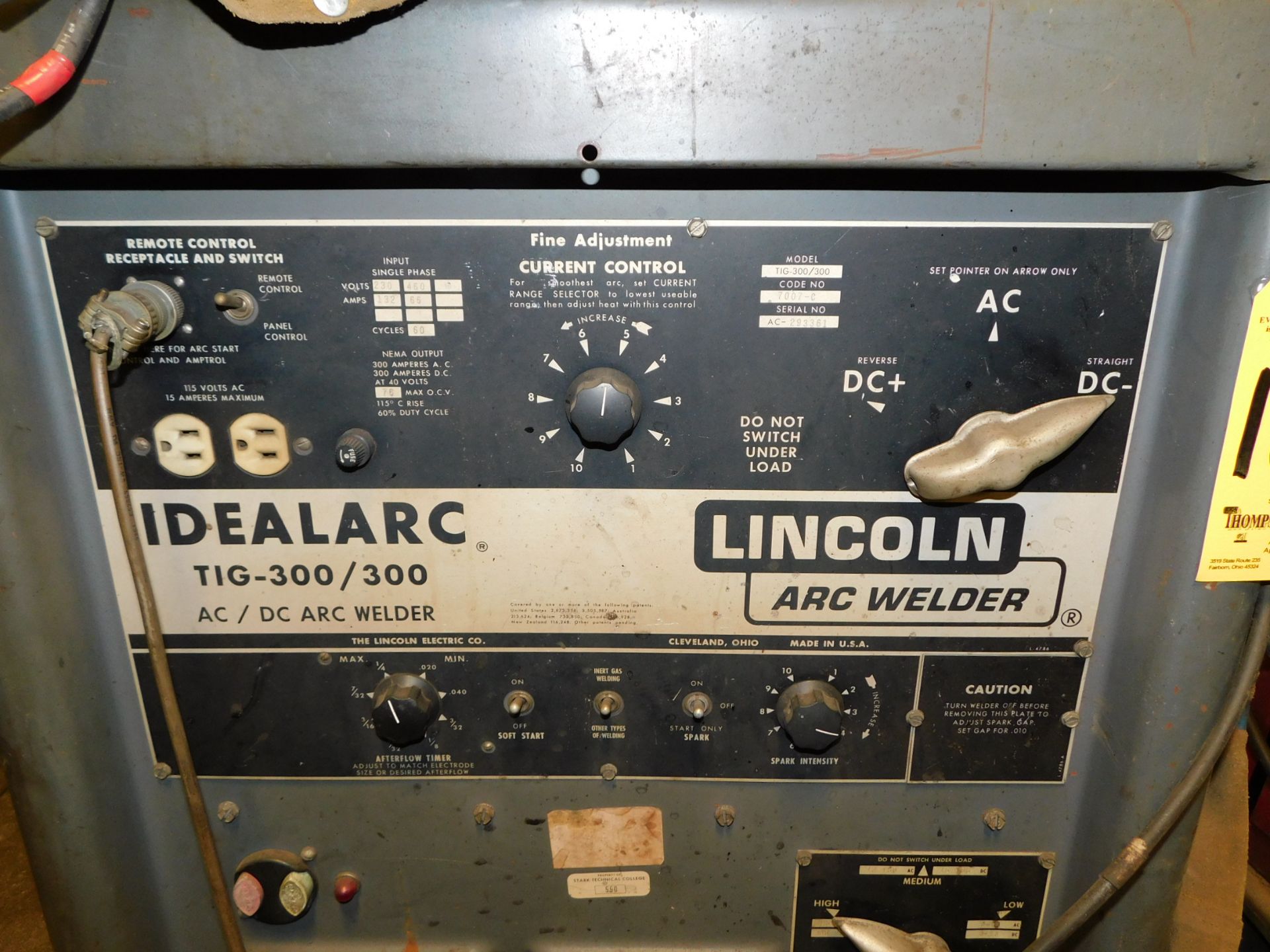 Lincoln Idealarc Tig 300/300 AC/DC Welder, s/n AC293361, 230/460/1/60 AC - Image 3 of 4