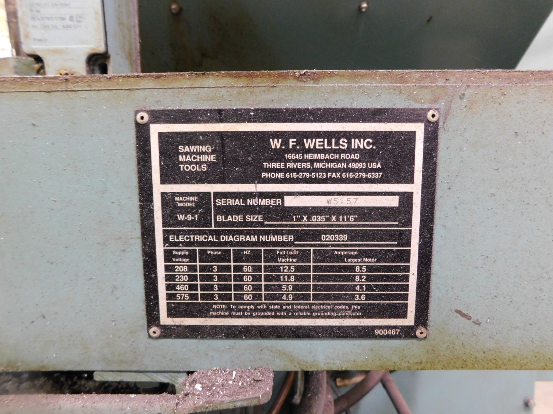 W.F. Wells Model W-9-1 Horizontal Bandsaw sn W5157, 9"X18" Capacity, 1" Blade, Coolant 3Phase - Image 7 of 8