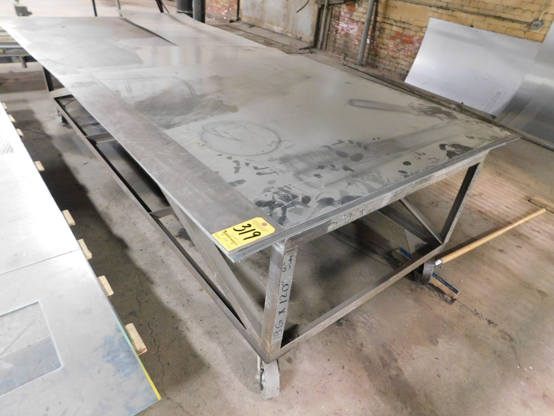 Galvanized Sheet Stock with Table on Casters, (13) Sheets 5' X 10' X 18 Gauge and Misc. Partial