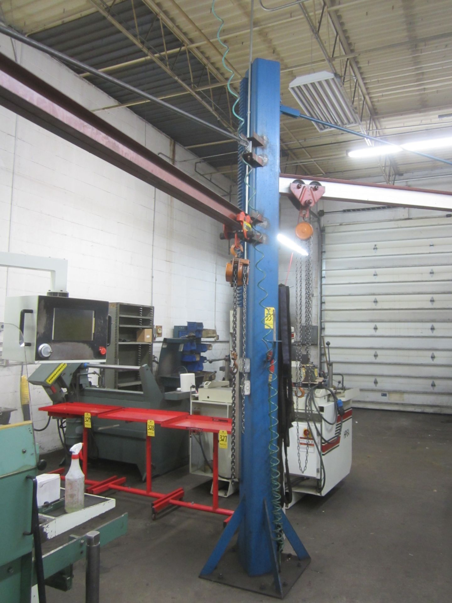 Dual Arm Floor Mount Jib Crane, with (2) 1-Ton Chain Hoists, (1) 11' Arm, 9' Under Arm, (1) 8'