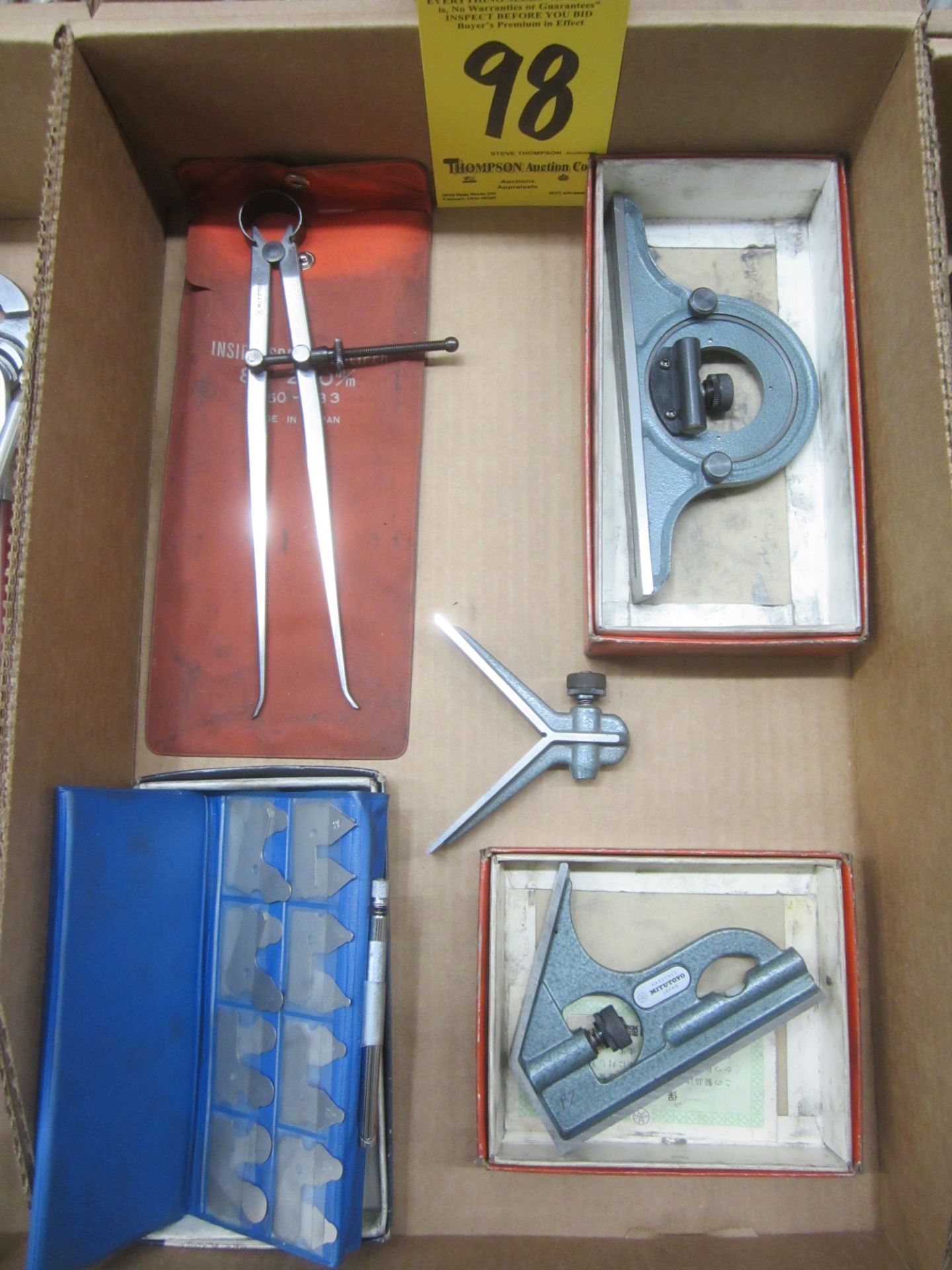 Combination Square and Protractor Heads, Radius Gage Set, and Inside Spring Caliper