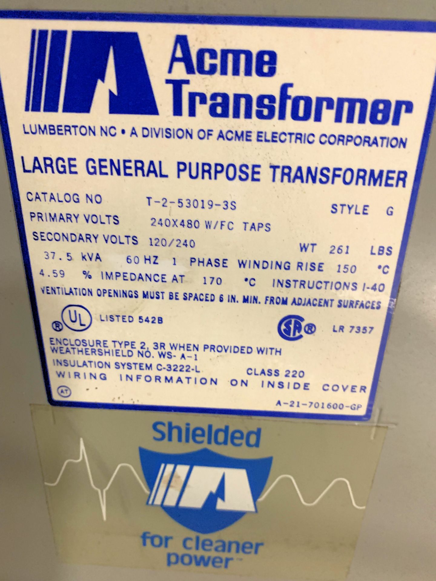 Acme 37.5-KVA Transformer, (Upstairs Mezzanine) - Image 2 of 2