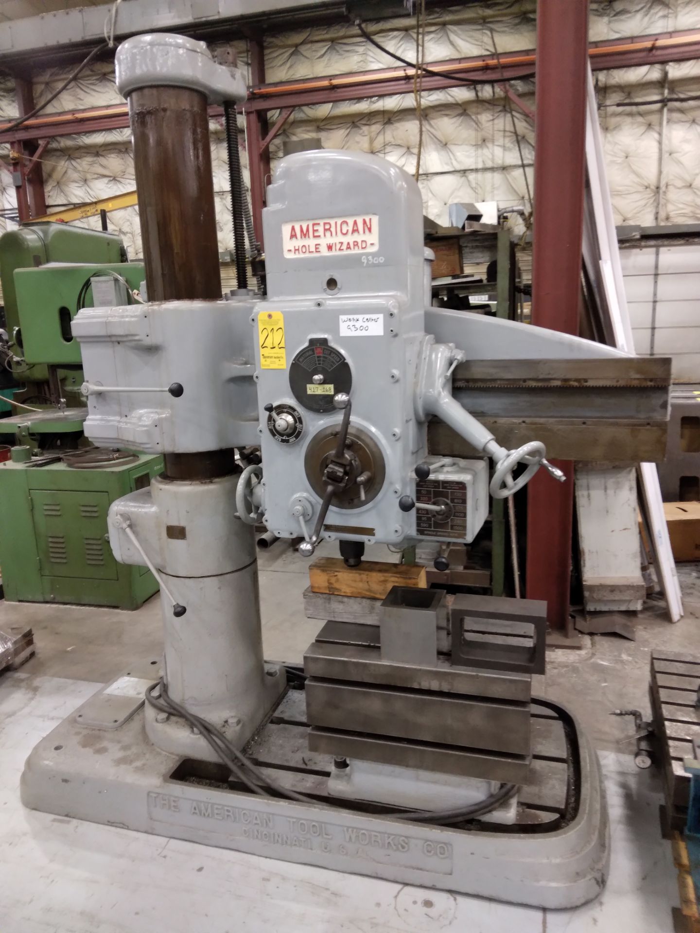 American Hole Wizard Radial Arm Drill, 3’ X 9”, s/n Unknown, Box Table, Loading Fee $200