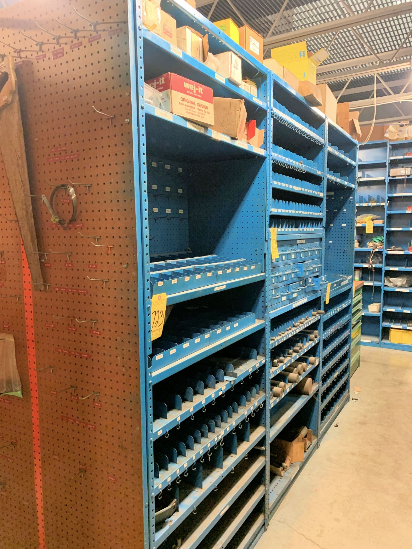 Lot-(5) Sections Shelving/Bin Organizer Cabinets with Collets, Anchors, Holders, Lubricants, Drills,