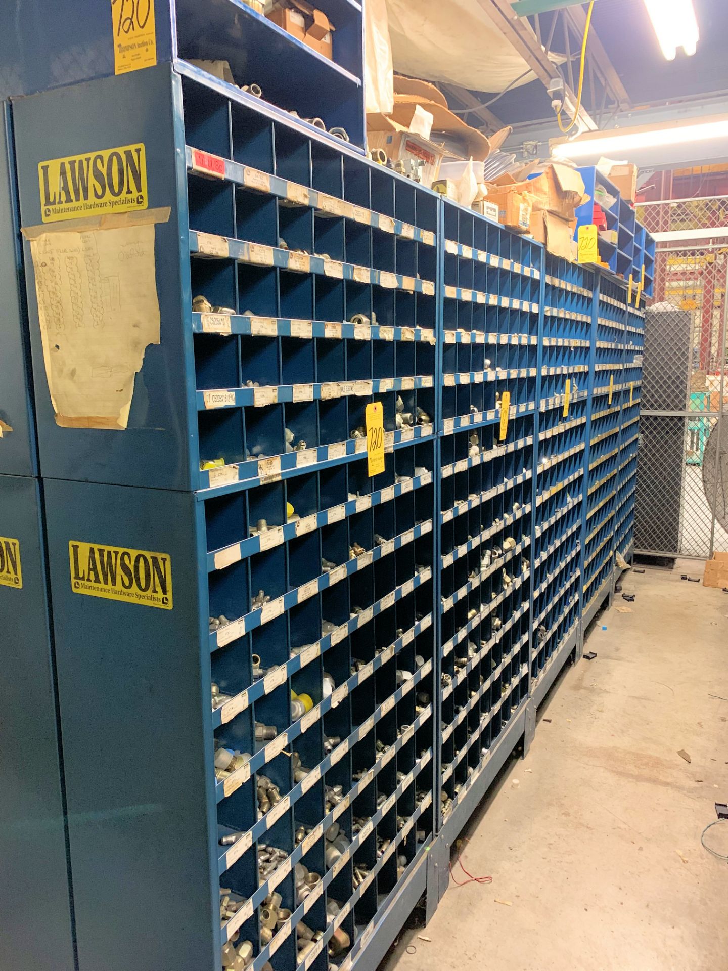 Lot-(5) Sections Open Bin Organizer Cabinets with Parker Hydraulic Fittings, Brass Fittings, etc.