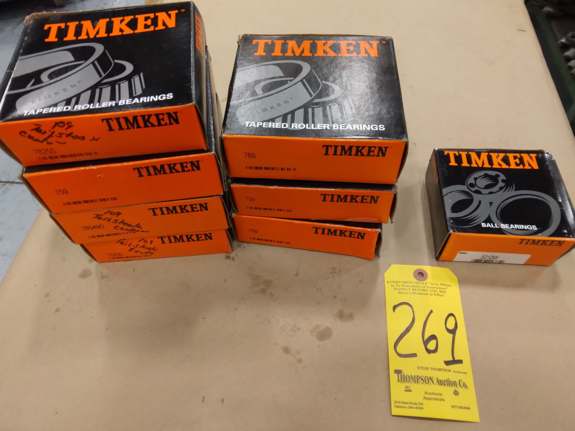 (5) Timken Tapered Roller Bearings, (3) #759, (2) #78250, (1) #760, (1) #78549D, and (1) #5212W