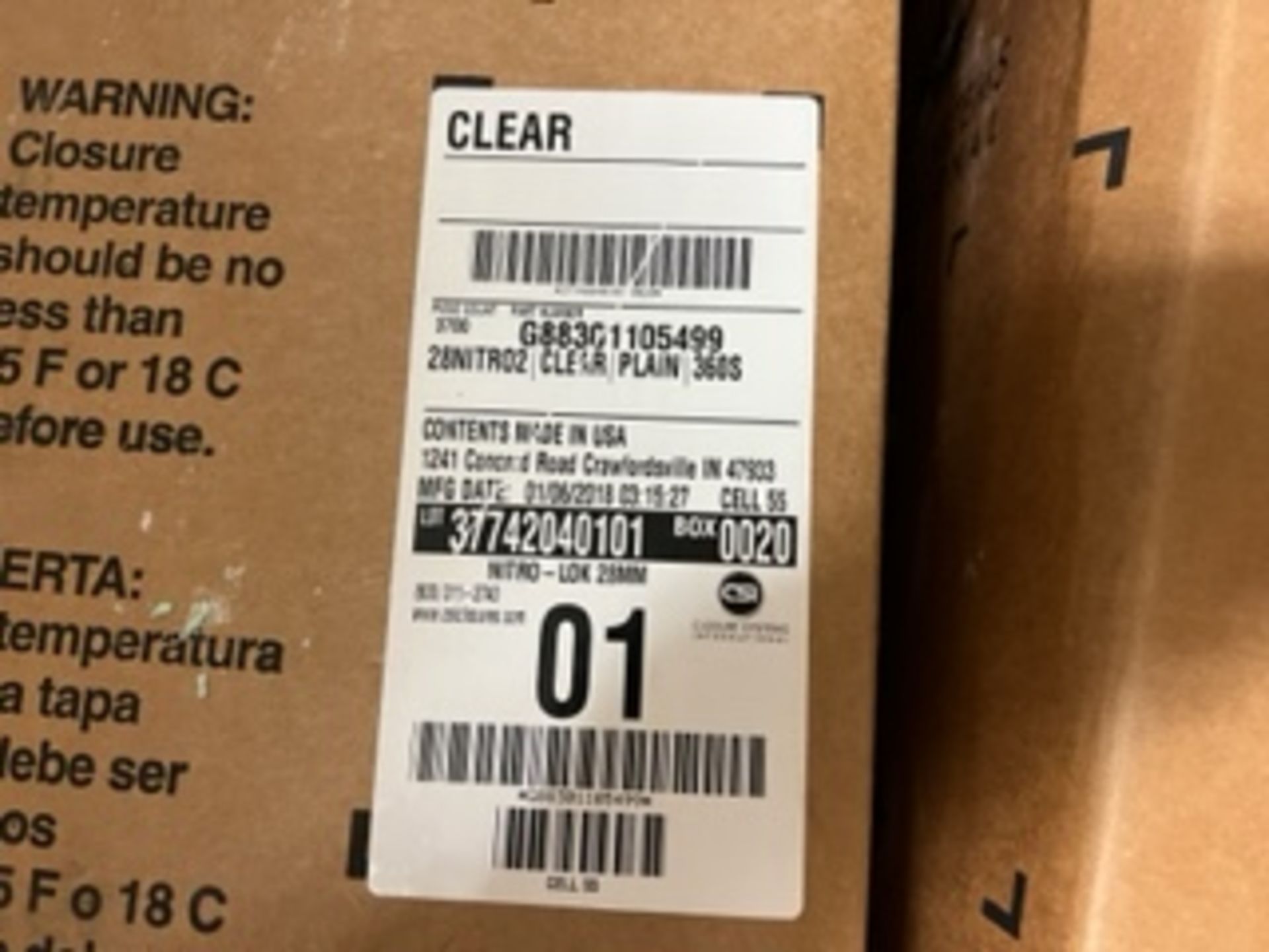 LOT OF APPROX. 128 BOXES + (2) OPENED BOXES OF CSI VELENDO CLEAR BOTTLE CAPS, @ 3,700 CAPS PER