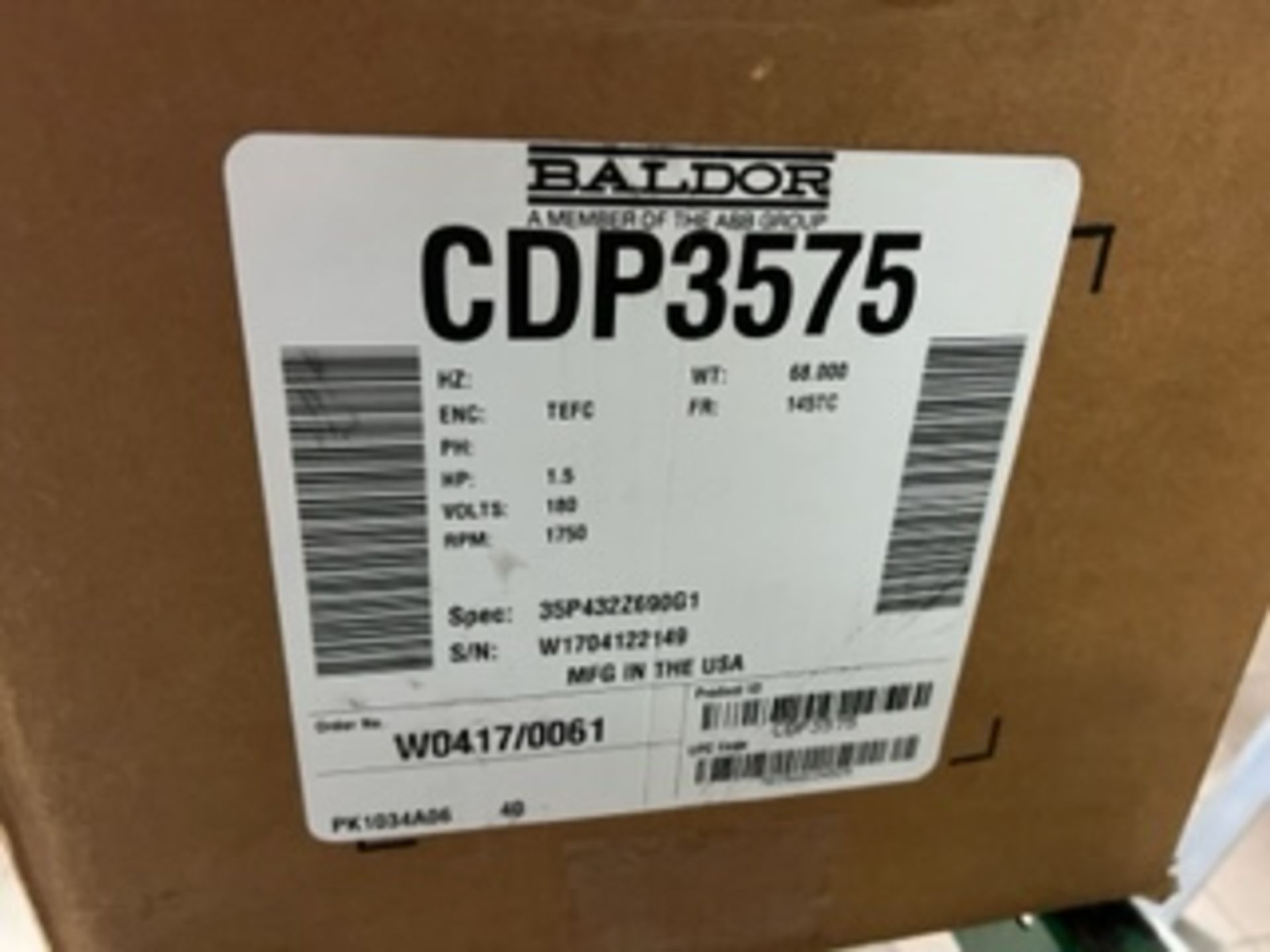 NEW IN BOX BALDOR ELECTRIC MOTOR, MODEL CDP3575; 1.5HP/1.12KW; 115/230V 1PH - Image 3 of 3