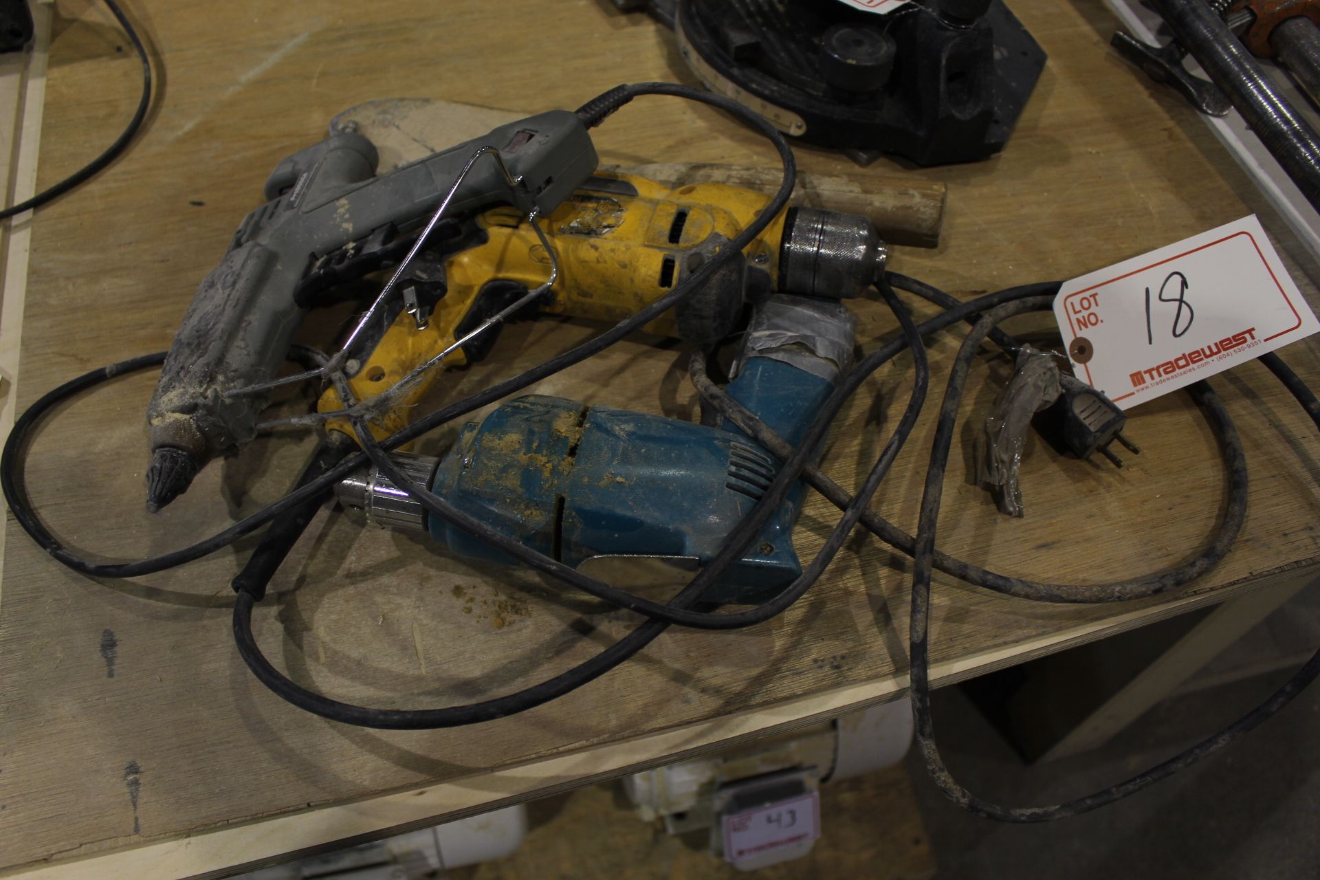 (2) ELECTRIC DRILLS, & INDUSTRIAL GLUE GUN