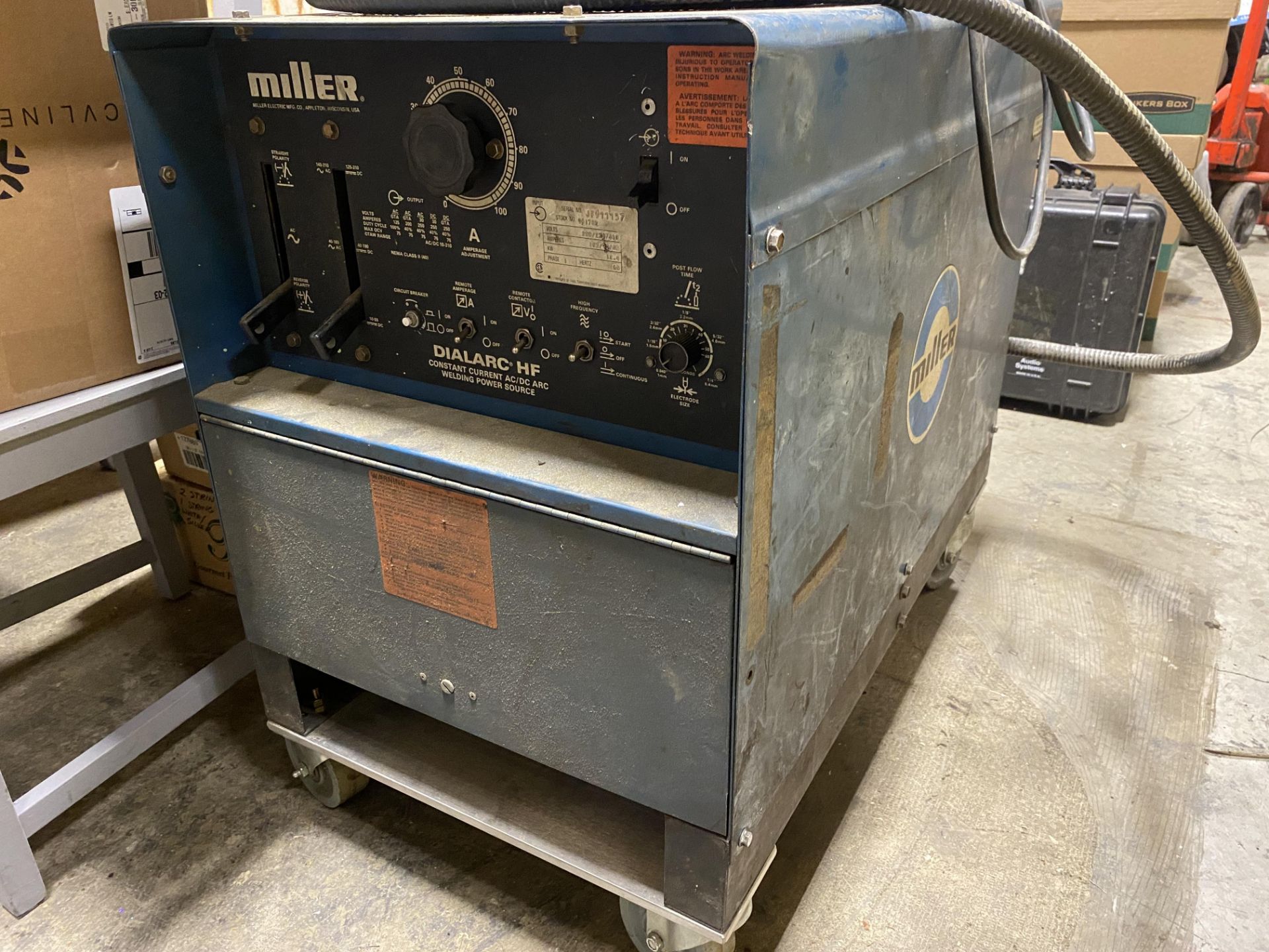 MILLER DIALARC HF AC/DC ARC WELDER, 250AMP, W/ TORCH, CABLES, FOOTPEDAL