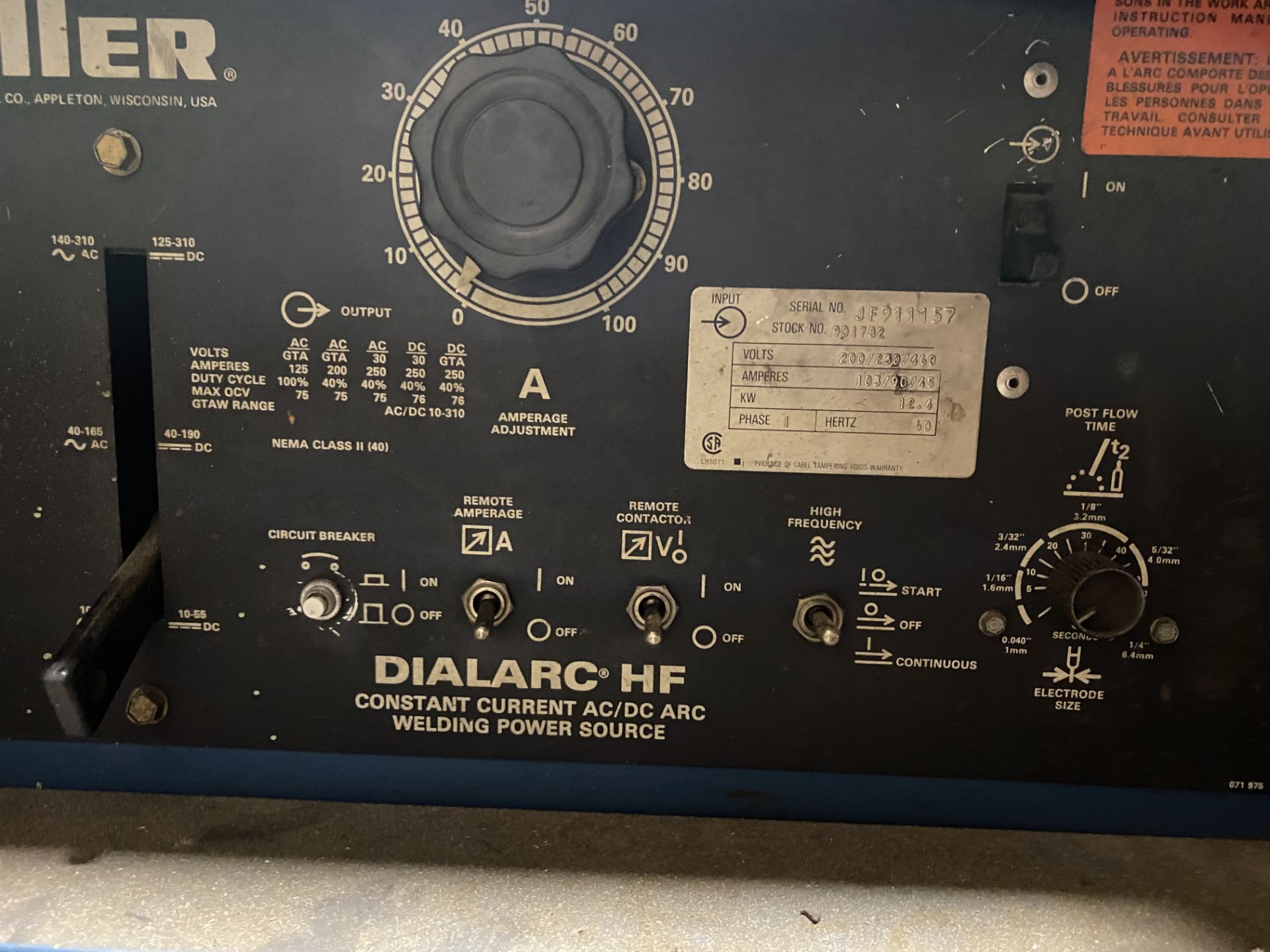 MILLER DIALARC HF AC/DC ARC WELDER, 250AMP, W/ TORCH, CABLES, FOOTPEDAL - Image 4 of 4