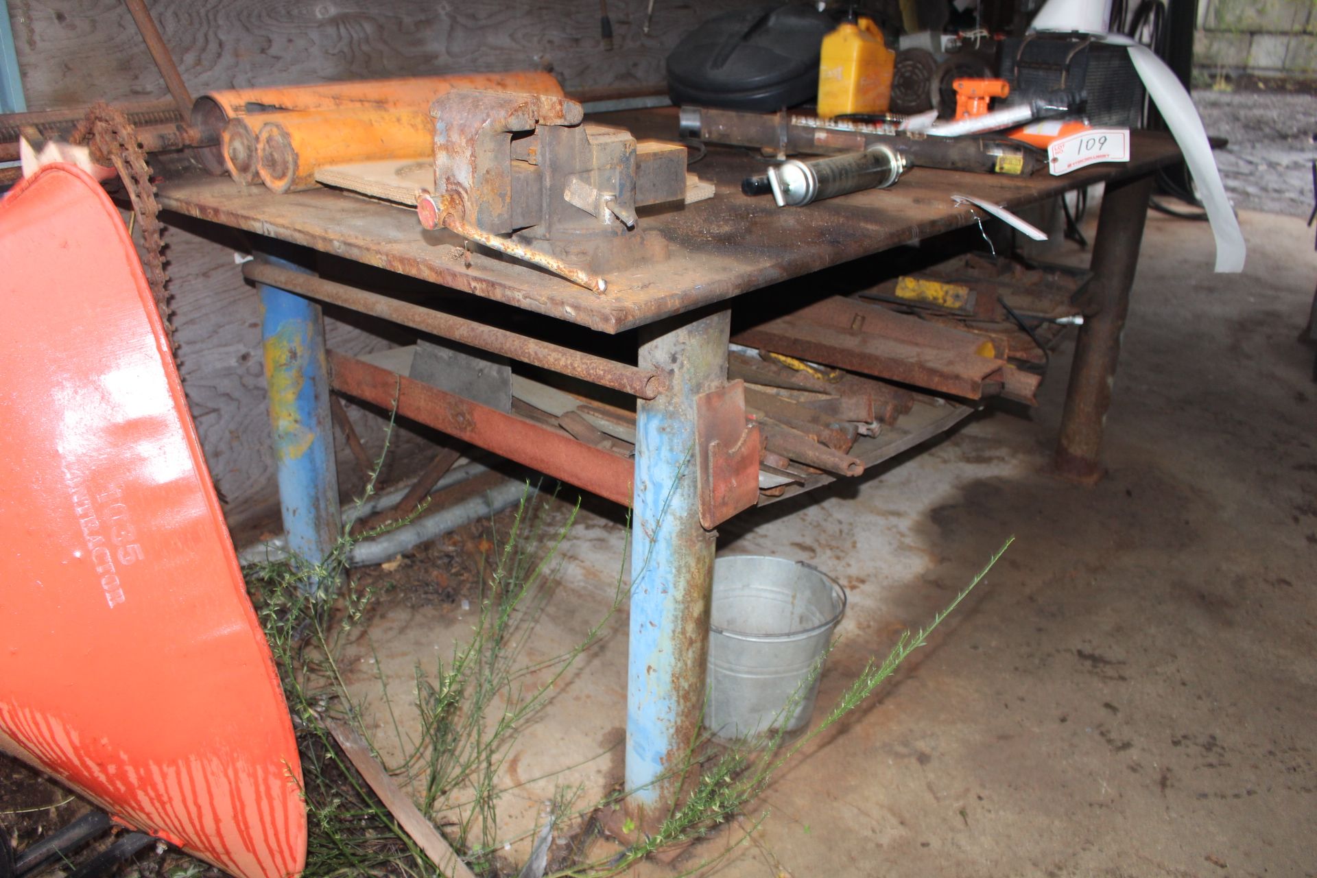 STEEL WORK BENCH, 4' X 8' X 1" STEEL TOP; W/ 5" ROTARY VISE