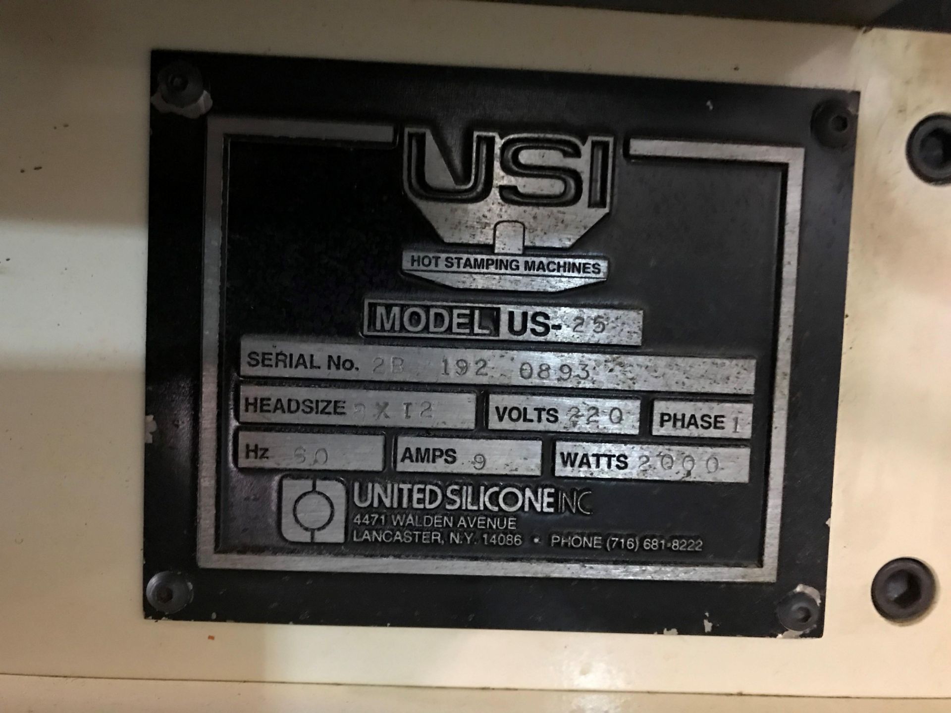 USI model US-25 Hot Stamp Printer, single phase, 220 volts. Serial#2B 192 0893. Rigging $150.00. - Image 3 of 4