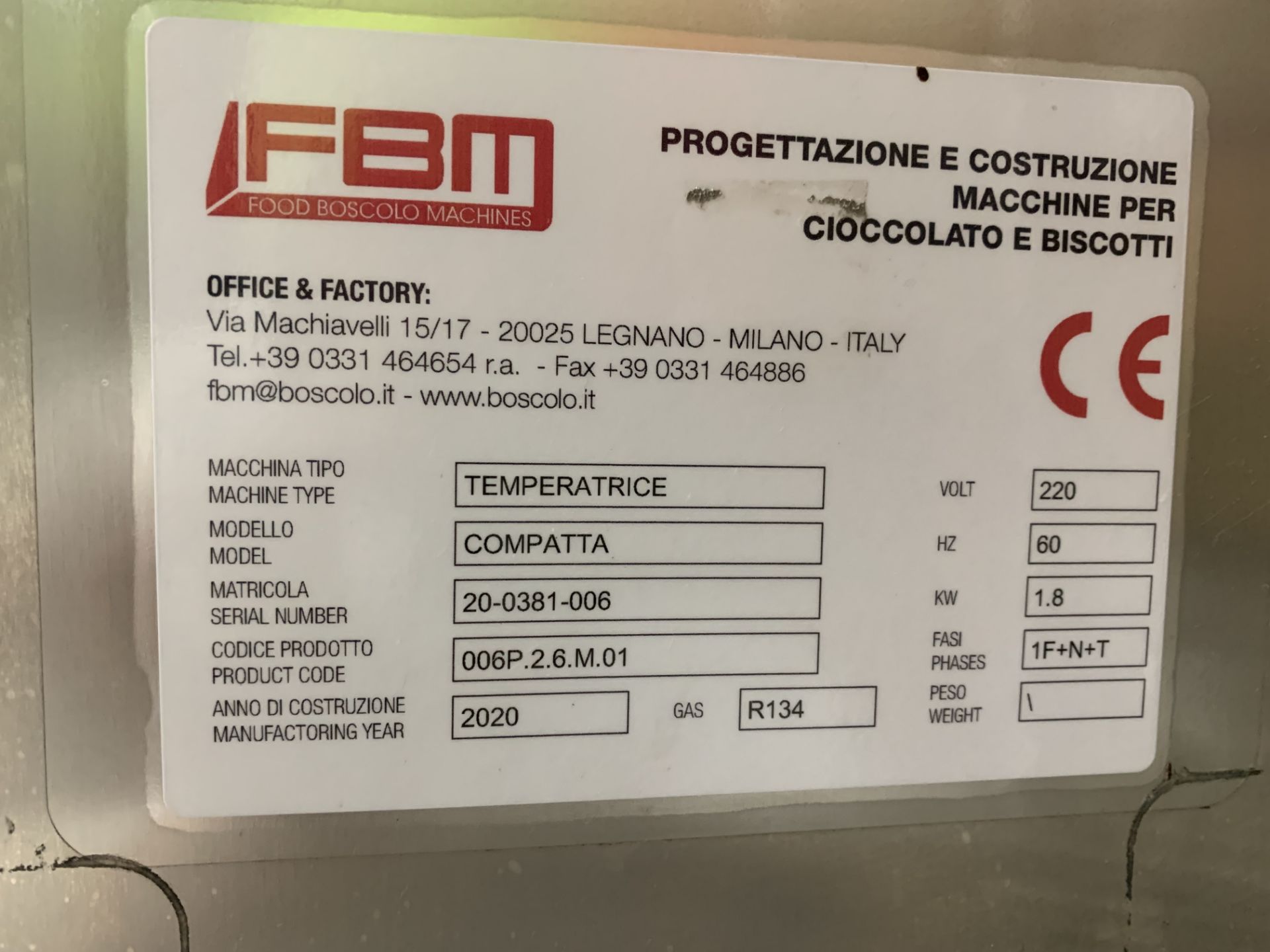 FBM Compata 15kg tempering unit serial number 20-0381-006 (built new in 2020) with screw pump, - Image 2 of 3