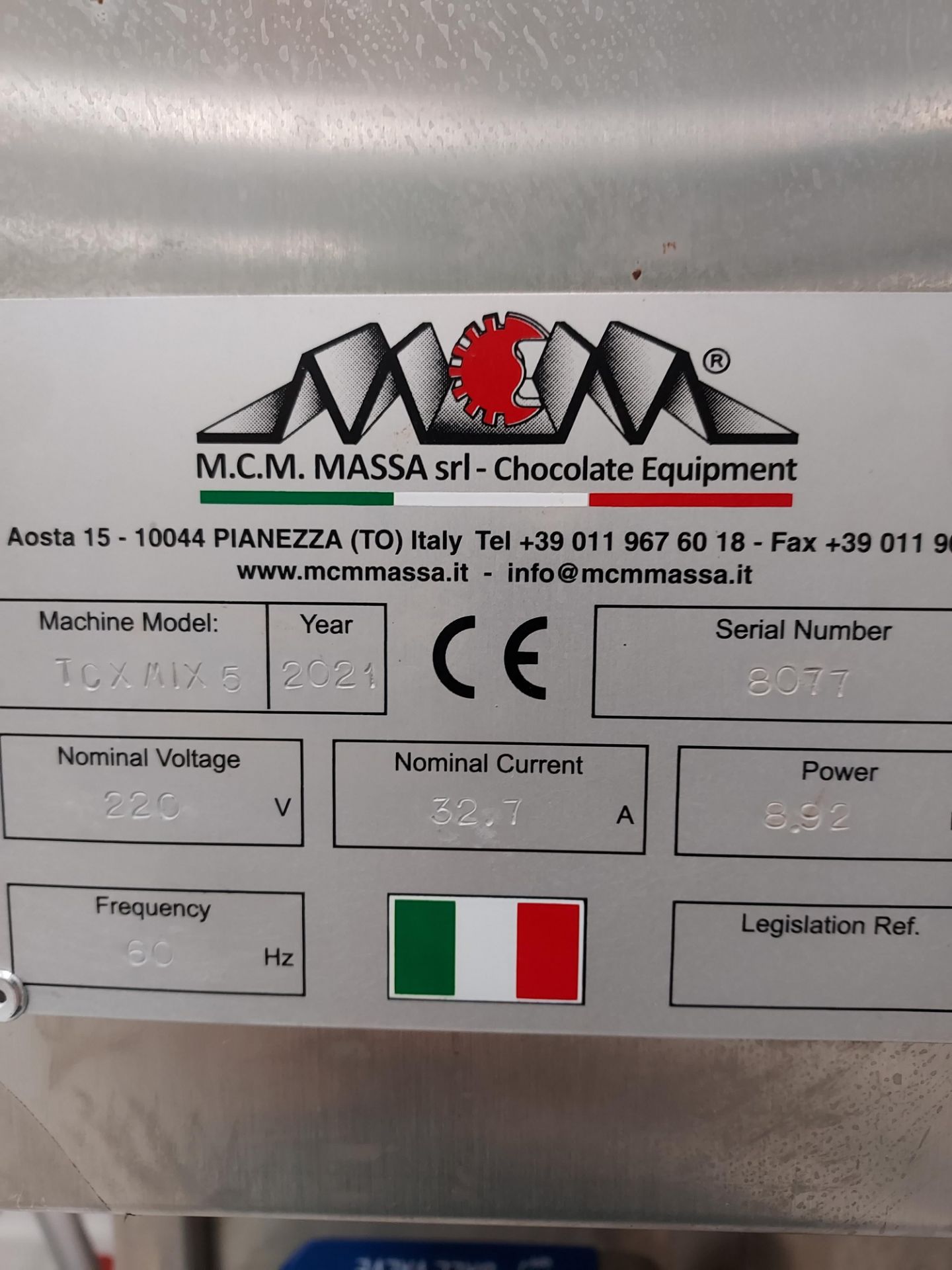 Massa Model TCX5Mix stainless steel 500kg chocolate melter serial number 8077 (Built New in 2021) - Image 5 of 7