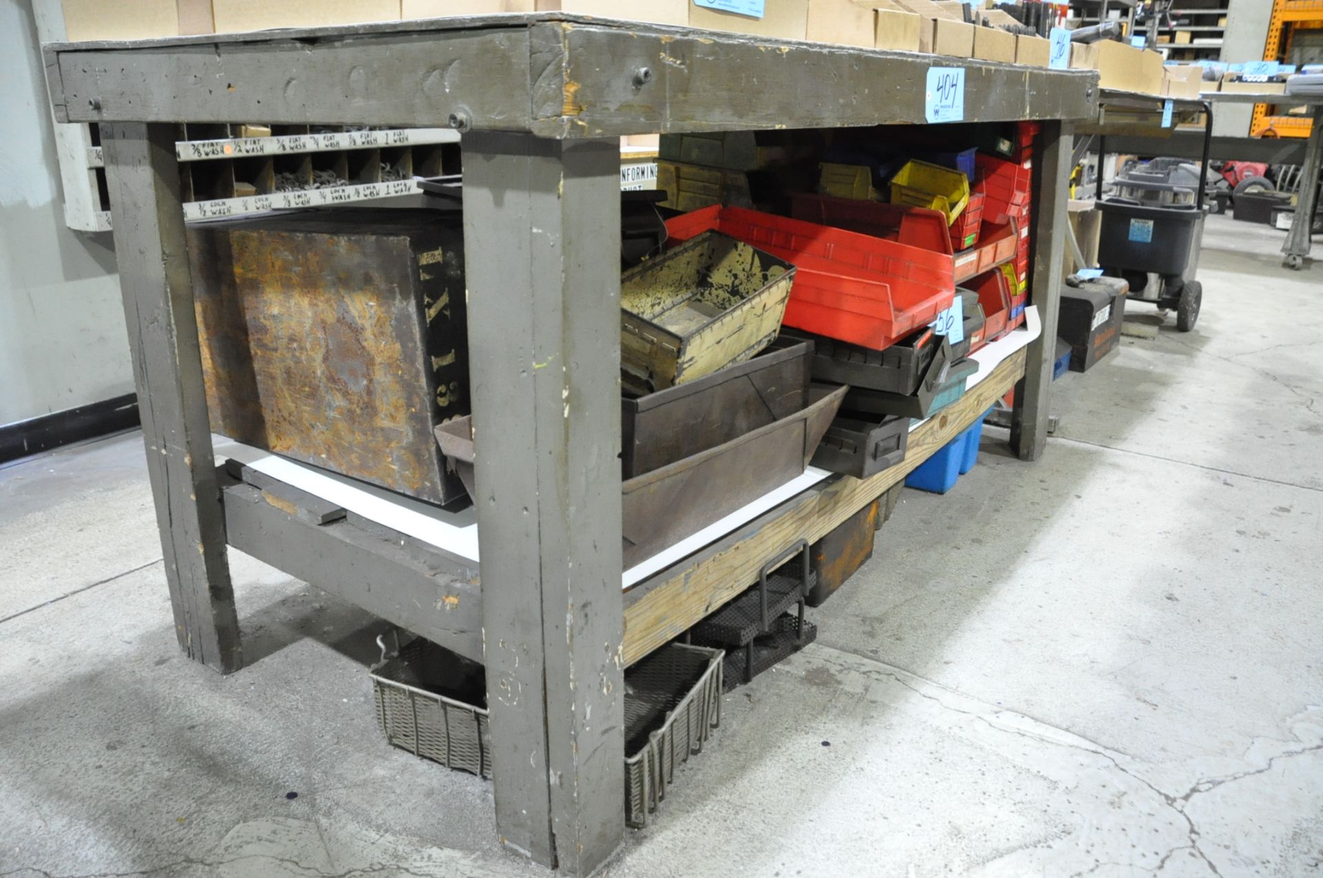 Lot-Plastic Parts Bins, Steel Basket Totes and Steel Totes Under (1) Bench