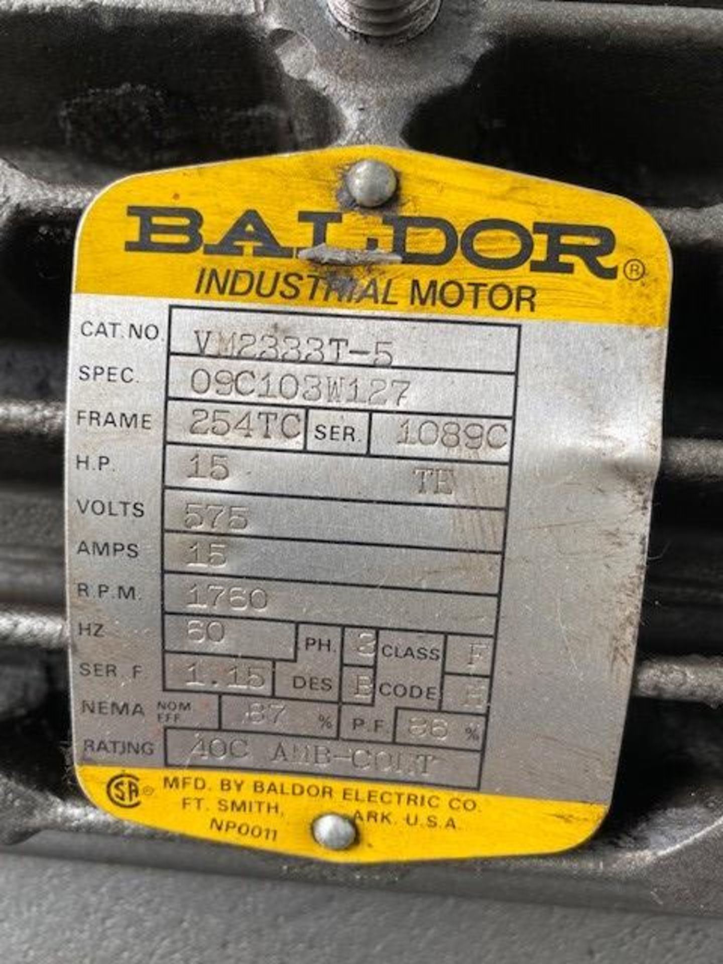 Baldor 15 Horsepower Motor, 575 Volts, 1750 RPM - Image 2 of 2