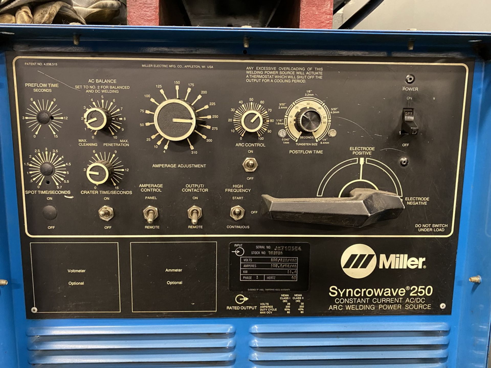 Miller Model Syncrowave 250 Welder, Rated Input 200/230/460, 100.8/92/46 Amps, 11.4, 1 Phase, 60 Hz - Image 4 of 8