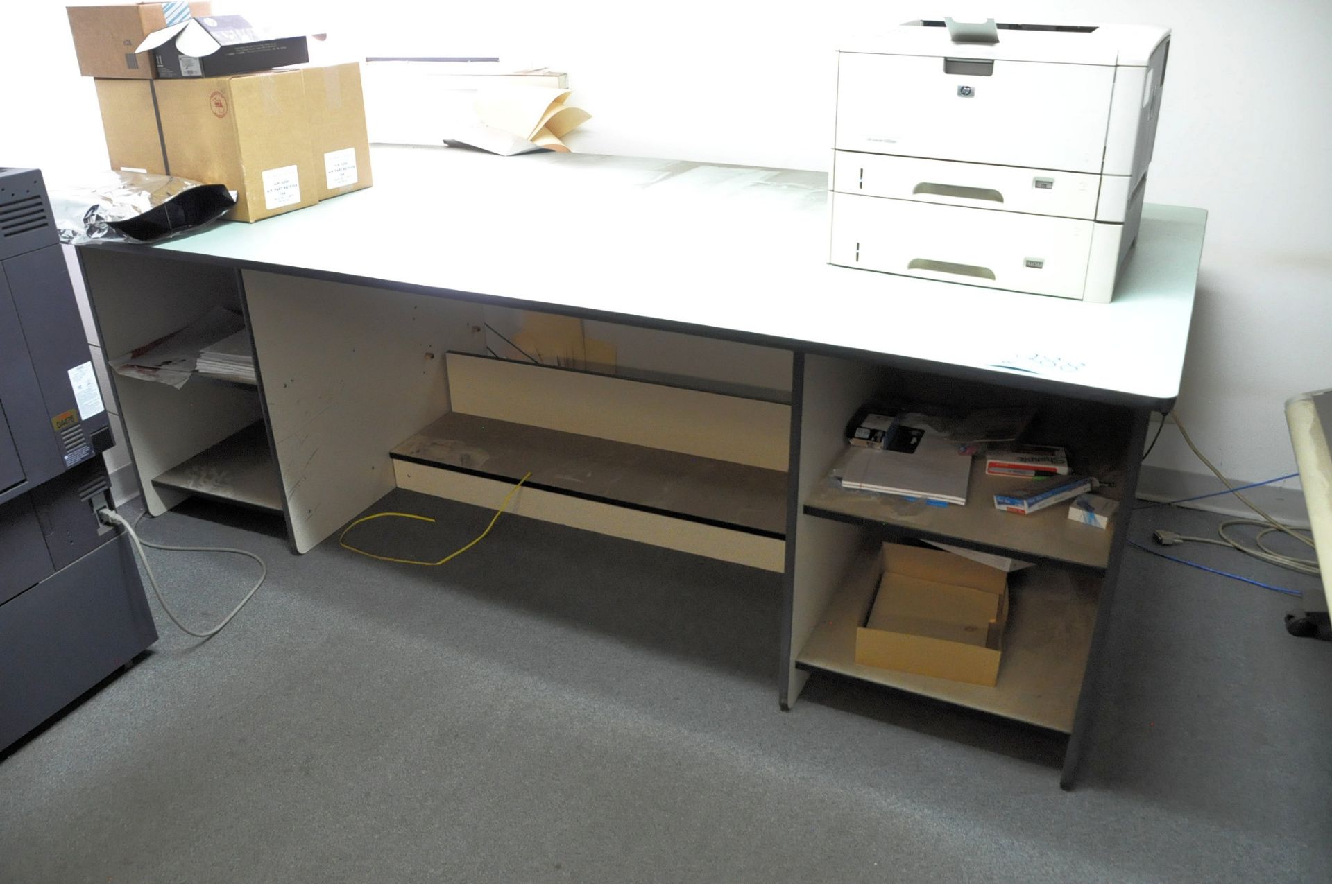 Lot-(2) Large Wood Tables with Office Supplies (HP LaserJet Laser Printer Not Included) (Upstairs)