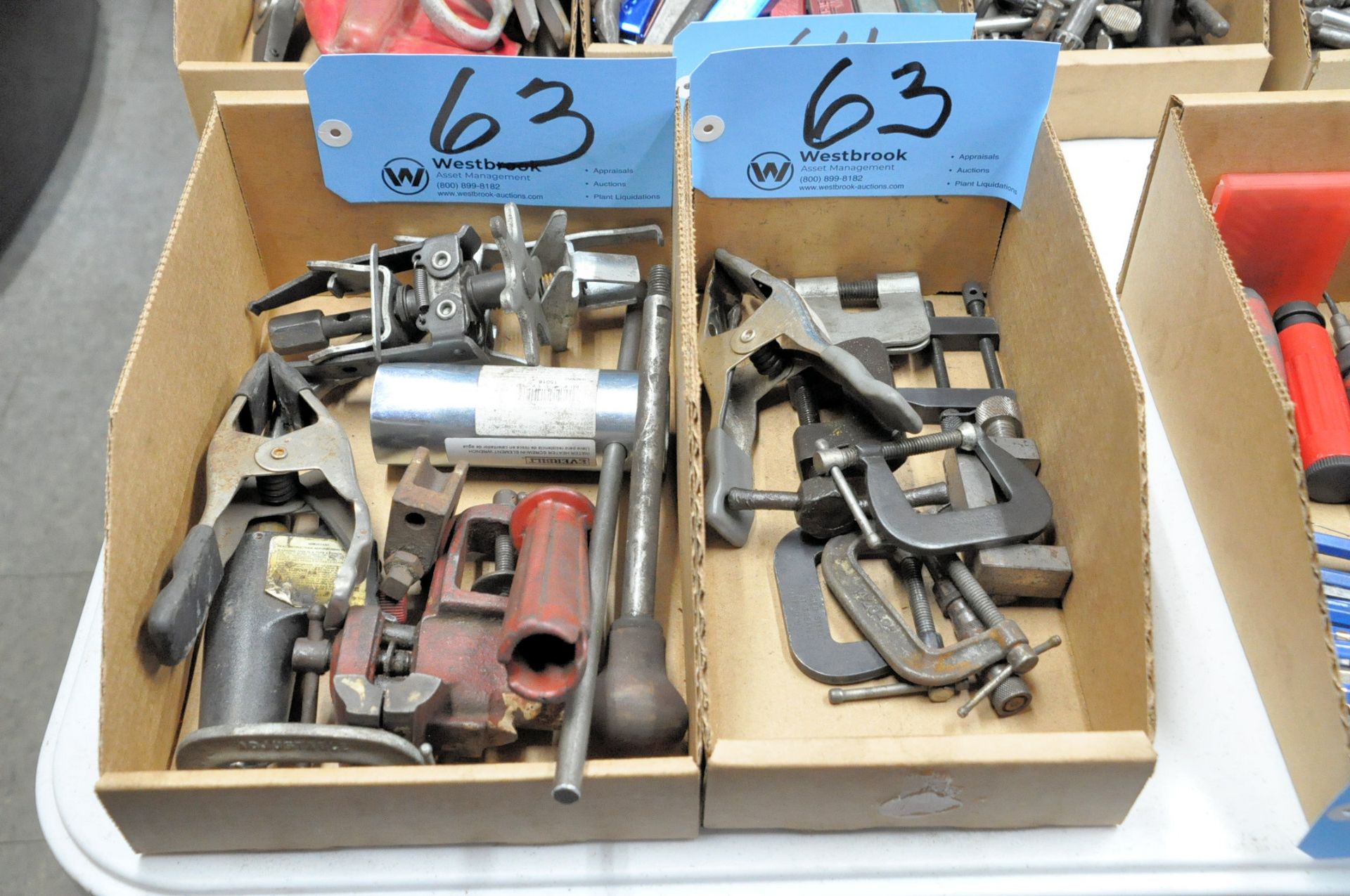 Lot-Various Clamps, Small Vise, Etc. in (2) Boxes