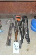 Lot-(1) Tripod, (1) Walking Measure, (1) Conduit Bender, Pair Pruners, Etc. in (1) Group on Floor