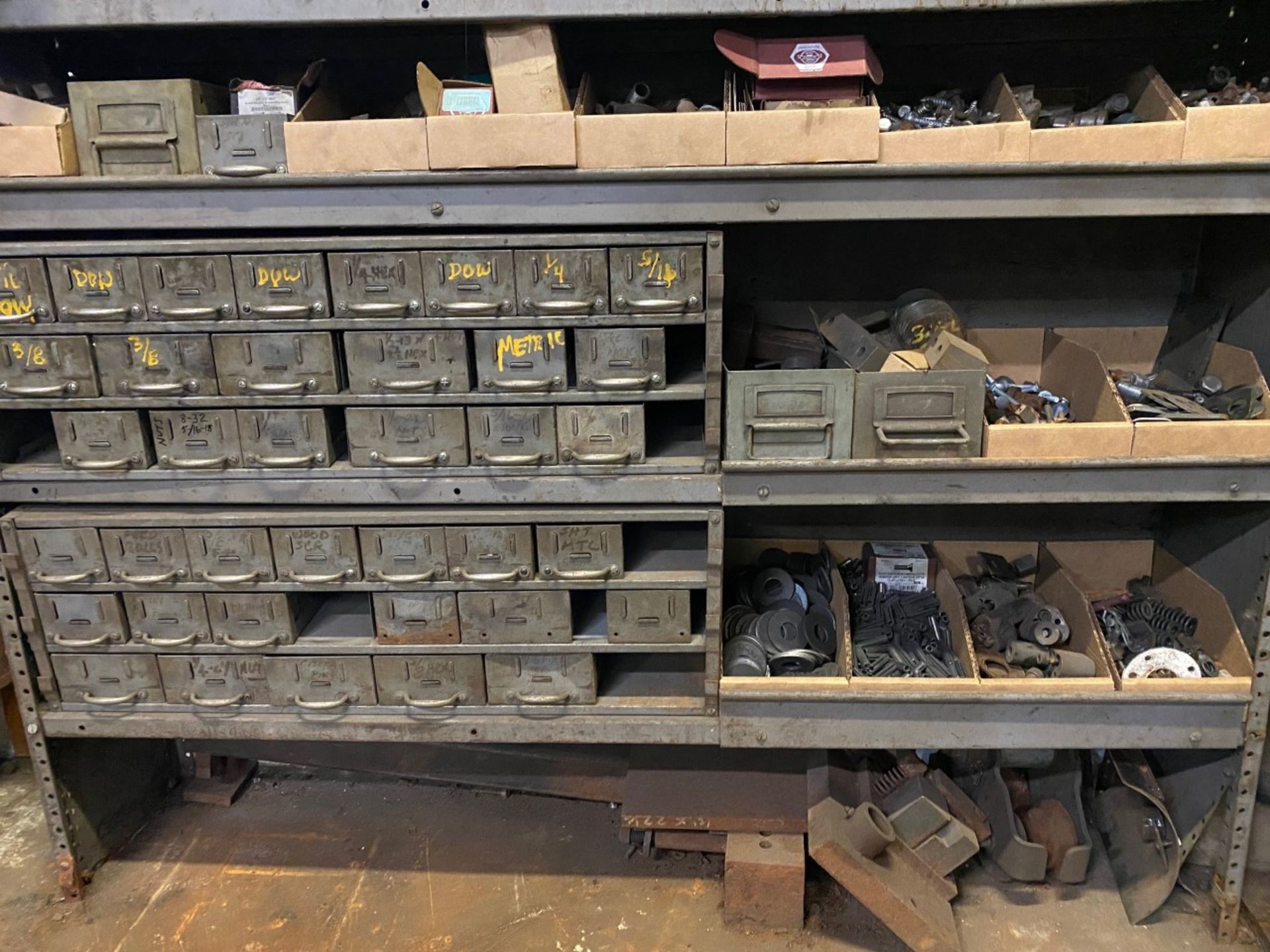 Lot-Nuts and Bolts Hardware with Organizer Bin Cabinets, Bench Vise and Shelving Unit - Image 2 of 3