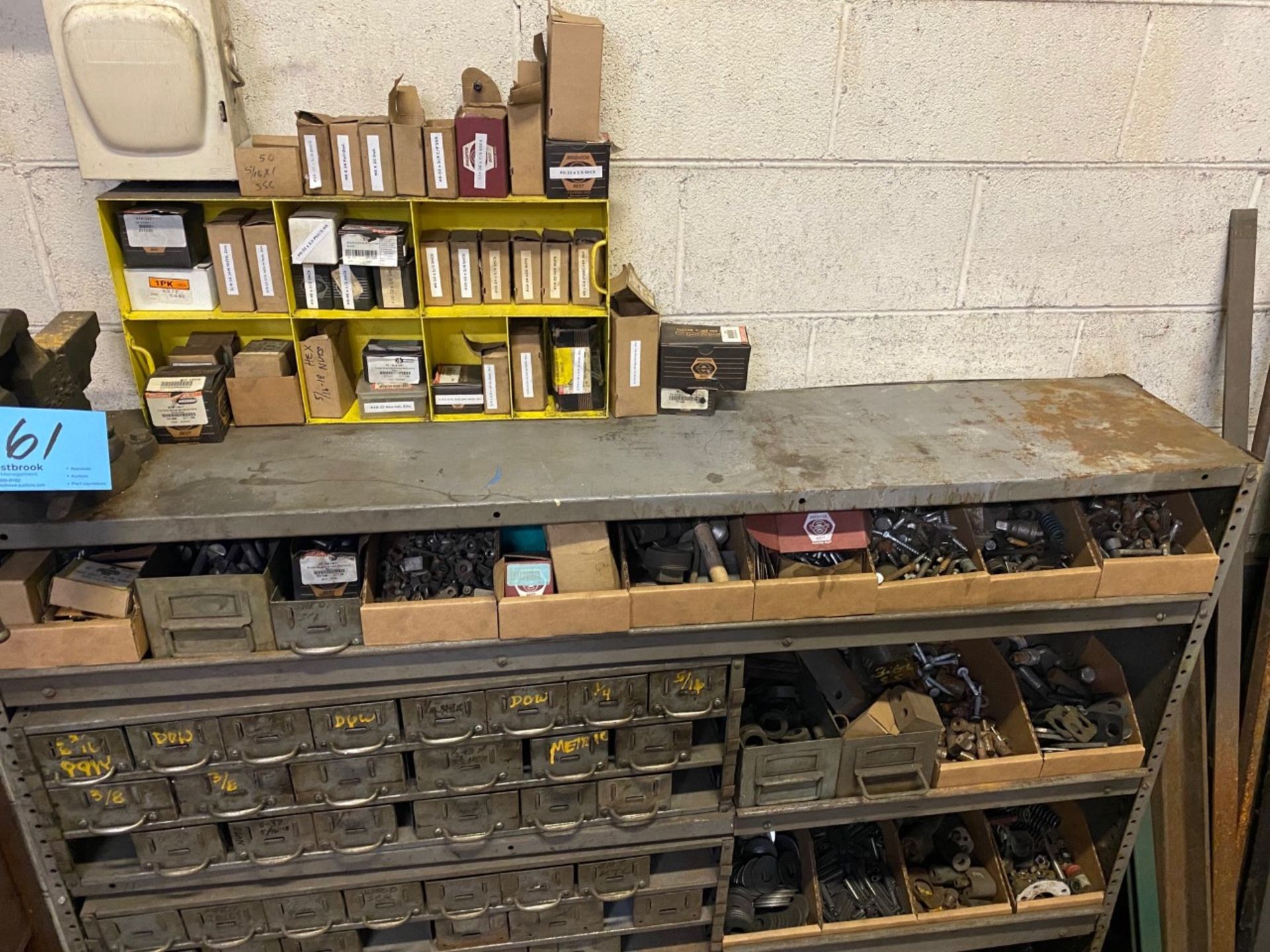 Lot-Nuts and Bolts Hardware with Organizer Bin Cabinets, Bench Vise and Shelving Unit