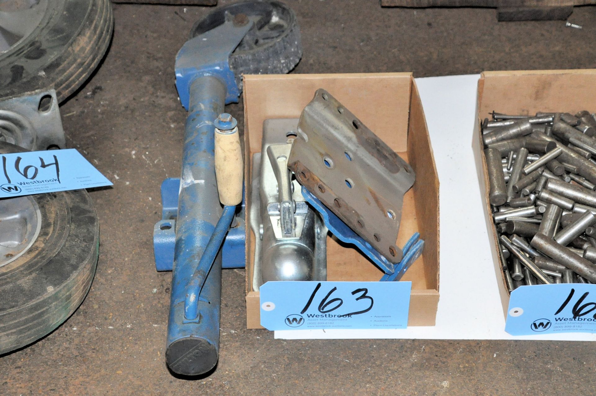 Lot-Trailer Tongue Jack and Coupler with Mounting Plates in (1) Box on Floor Under (1) Table