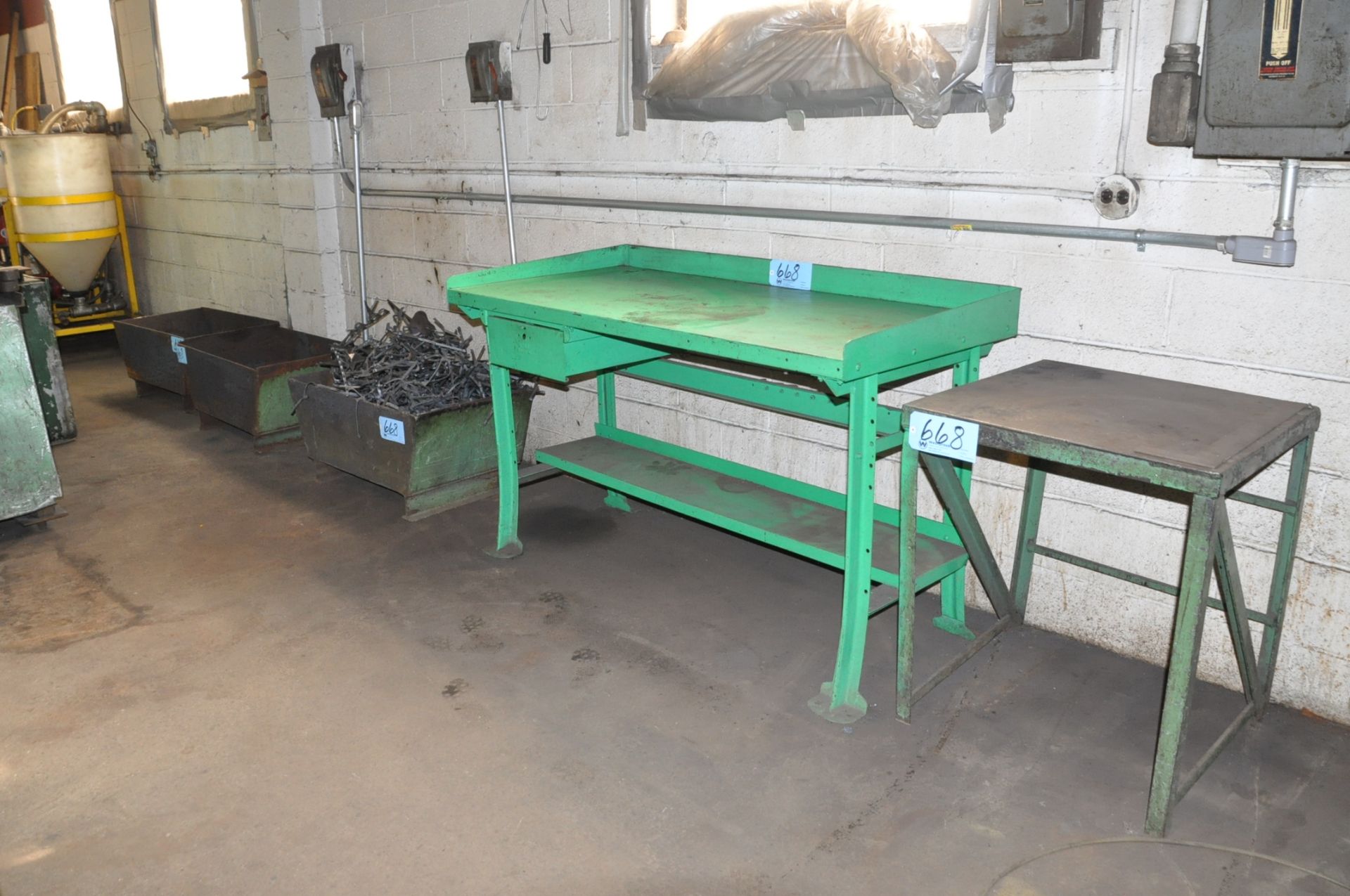 Lot-(1) 30" x 84" x 1/2" Steel Plate Topped Work Bench, (3) Steel Totes with Contents, Etc. (Bldg 2)