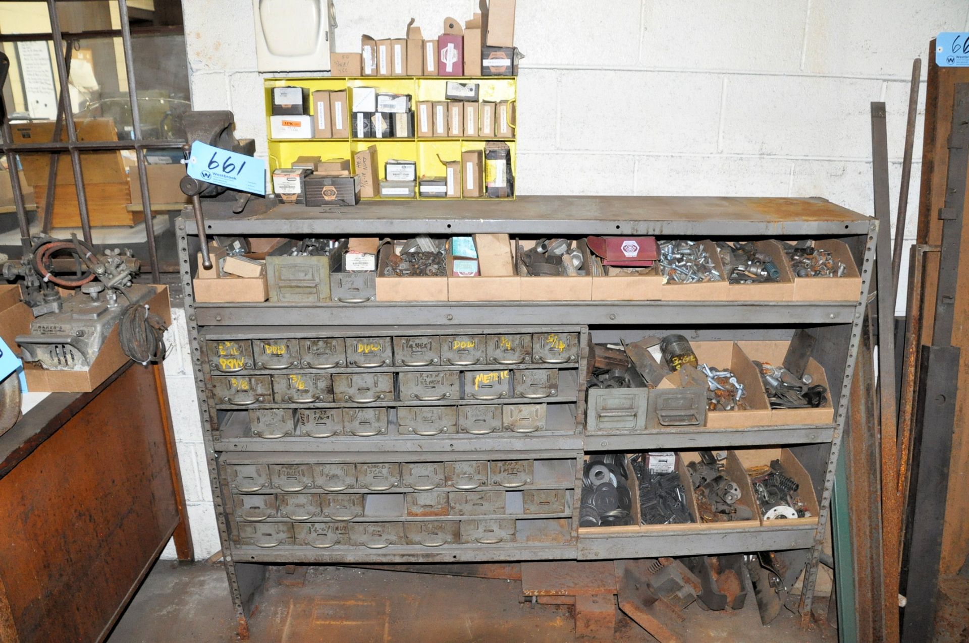Lot-Nuts and Bolts Hardware with Organizer Bin Cabinets, Bench Vise and Shelving Unit - Image 3 of 3