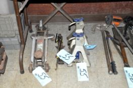 Small Hydraulic Floor Jack, Automotive Screw Jack, (2)Jack Stands and (2)4-Way Lug Wrenches on Floor