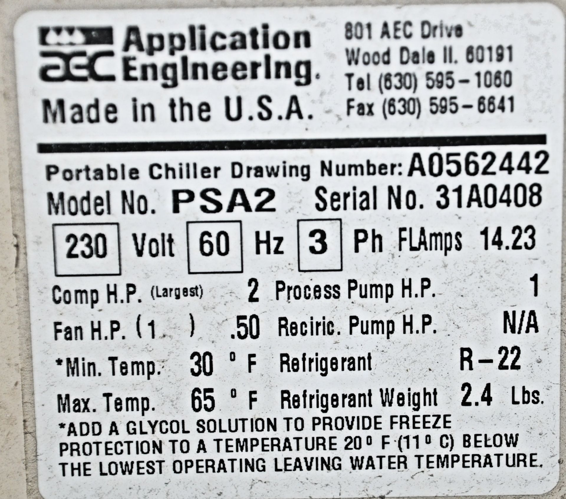 Application Engineering Model PSA2, Air Cooled Portable Chiller Unit - Image 2 of 2