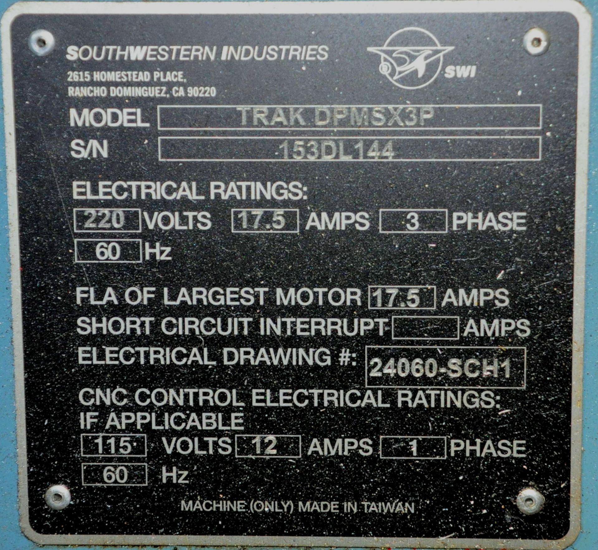 Southwest Industries Model Trak DPMSX3P, CNC 5-HP Variable Speed Vertical Bed Milling Machine - Image 8 of 8