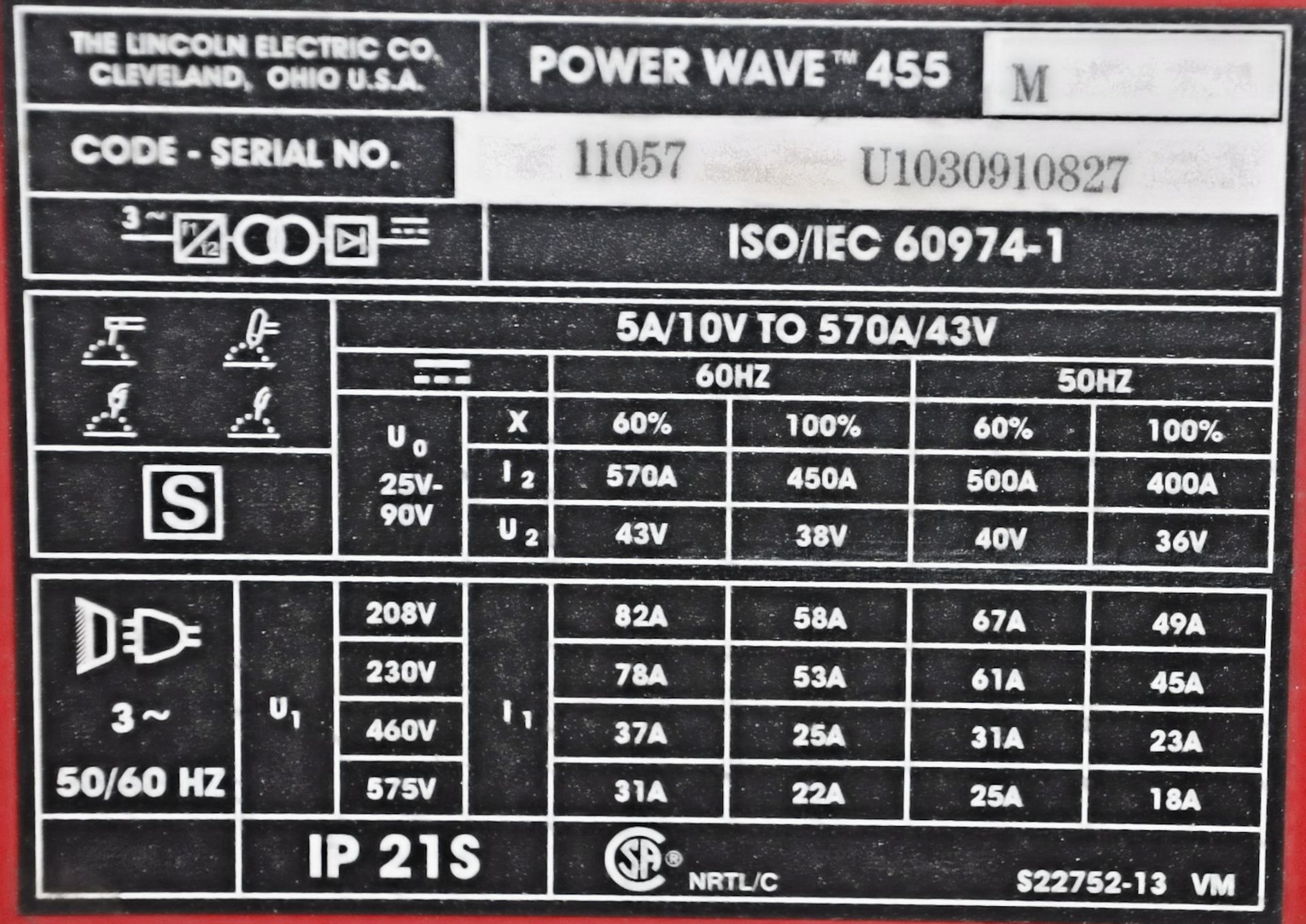 Lincoln Powerwave 455M, 450-Amp Capacity Arc Welding Power Source - Image 3 of 3