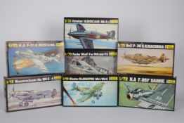 Heller - A fleet of seven boxed Heller 1:72 scale plastic military aircraft model kits.