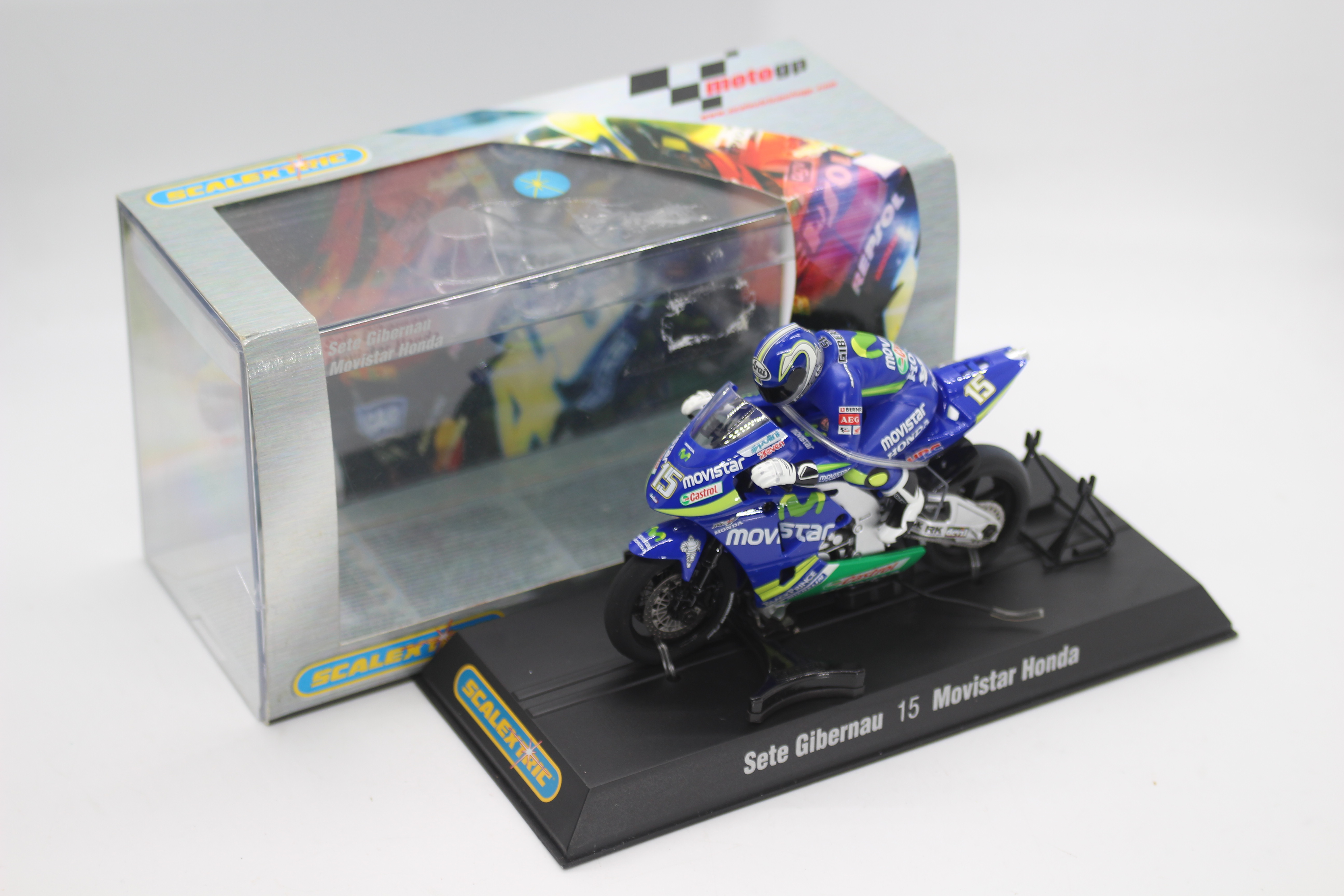 Scalextric - A boxed 2004 Moto GP Movistar Honda ridden by Sete Gibernau # C6021 The model appears