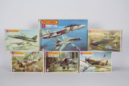 Matchbox - Six boxed vintage 1:72 scale military aircraft plastic model kits by Matchbox.