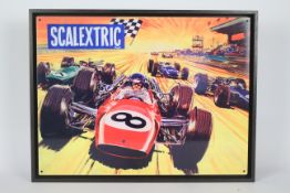 Scalextric - A vintage style metal sign mounted in a dark wooden frame. The frame measures 42.