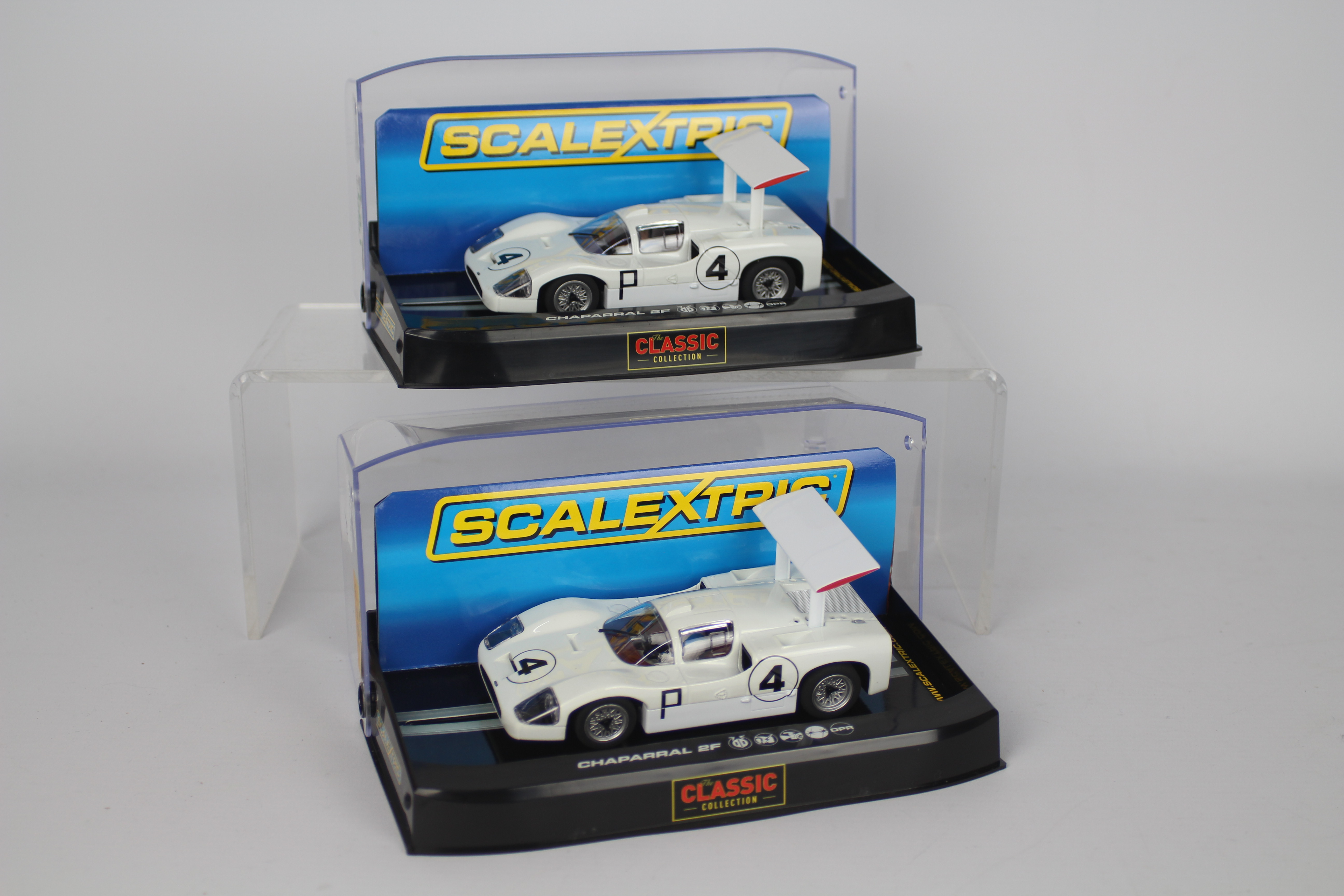 Scalextric - Two boxed Scalextric C2916 Chaparral 2F RN4 1:32 scale slot cars from the Scalextric