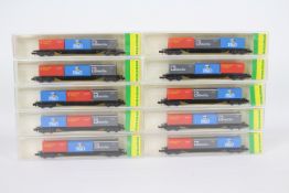 Minitrix - ten N gauge wagons with container loads (P&O, Royal Mail and Metal Box),