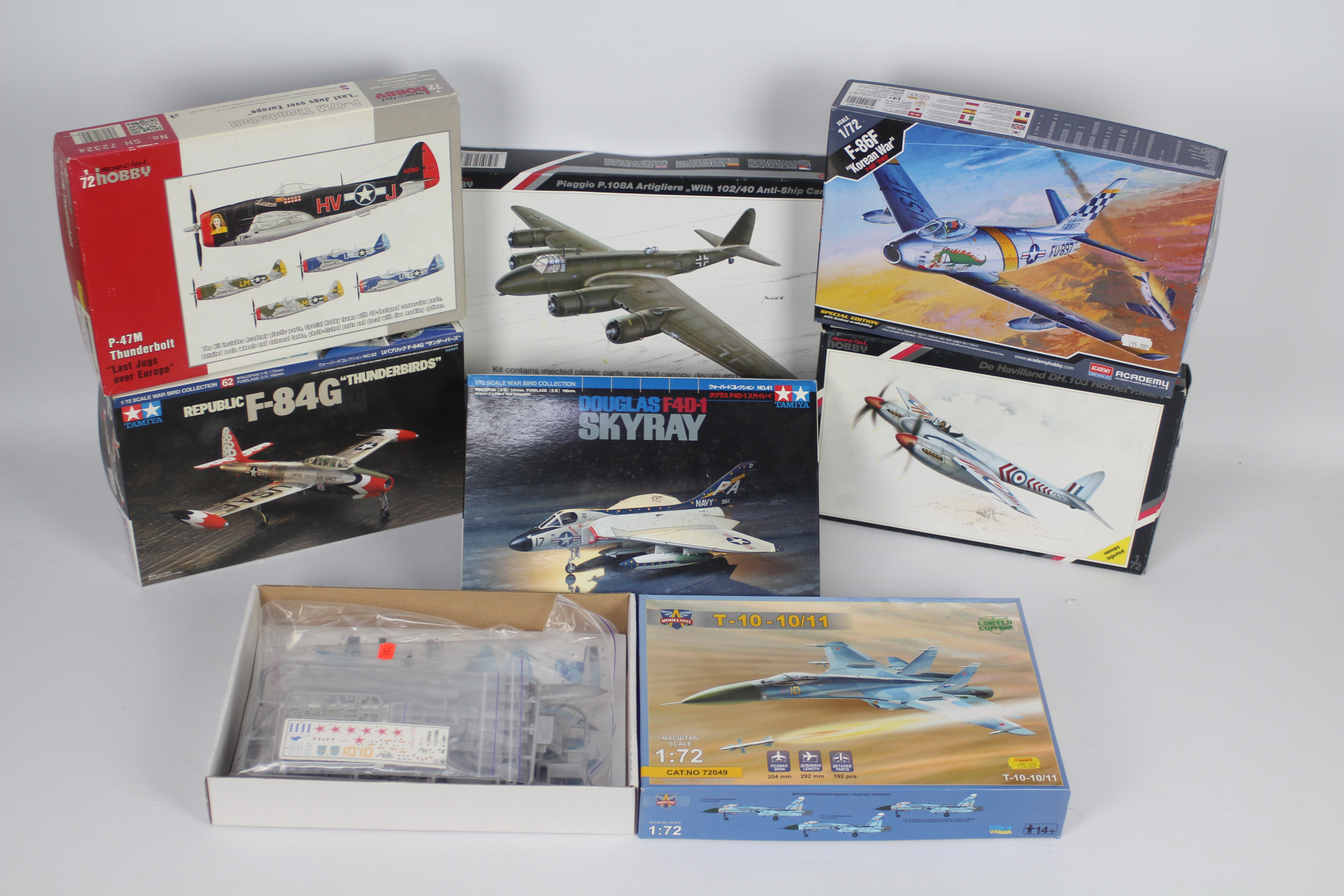 Seven boxed 1:72 scale plastic military aircraft model kits by Academy, Special Hobby,